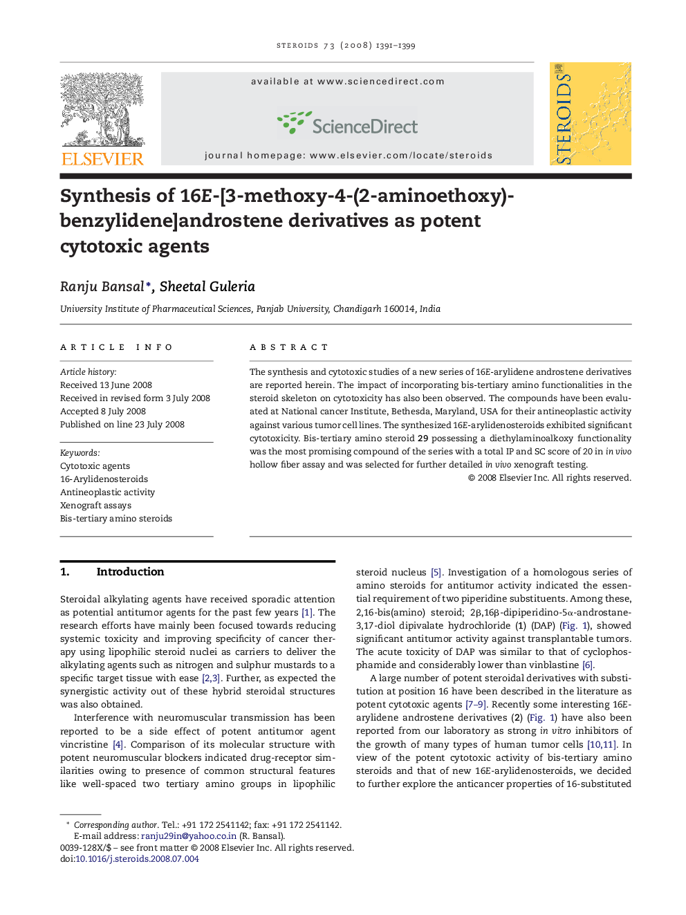 Synthesis of 16E-[3-methoxy-4-(2-aminoethoxy)benzylidene]androstene derivatives as potent cytotoxic agents
