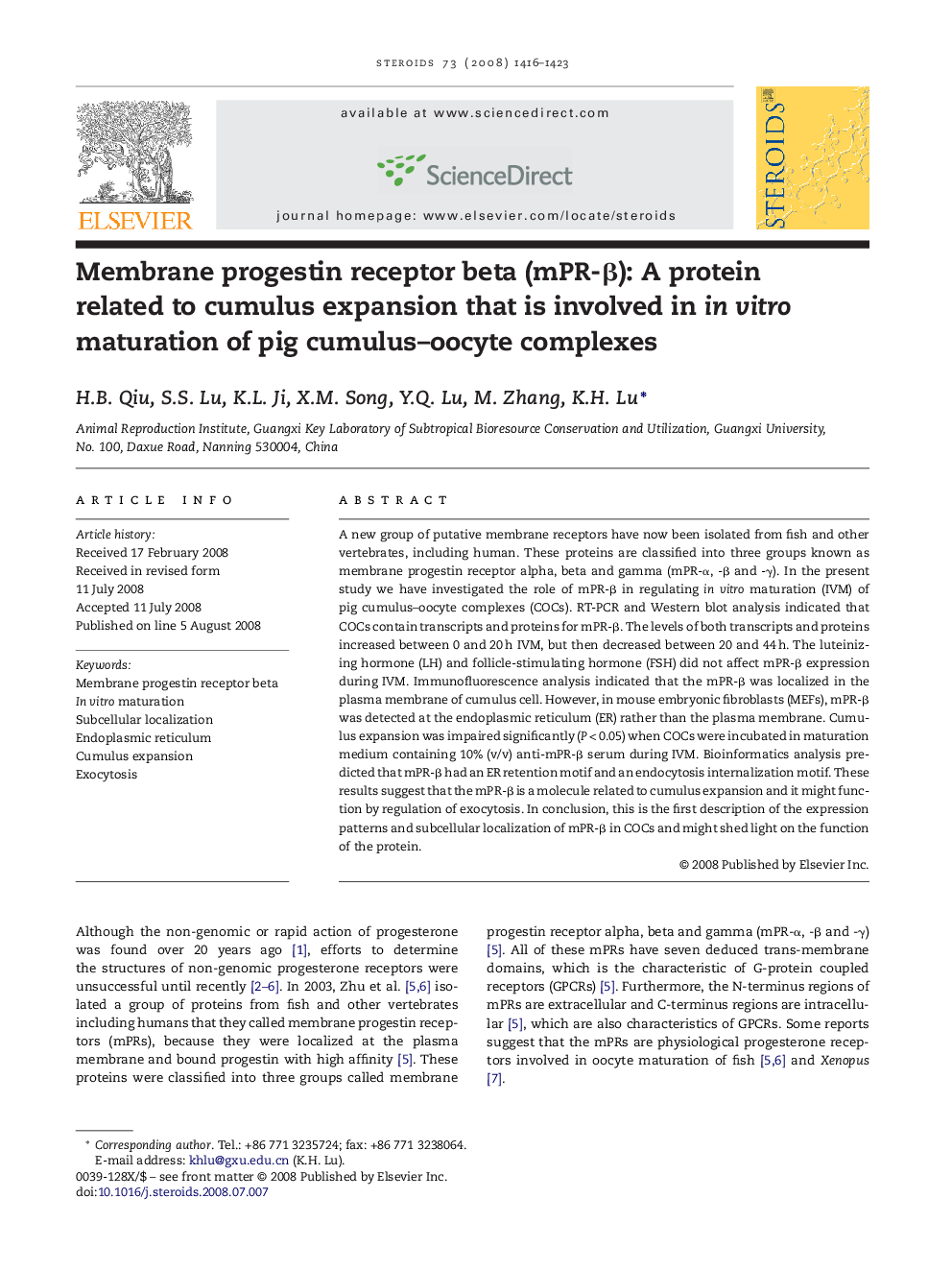 Membrane progestin receptor beta (mPR-Î²): A protein related to cumulus expansion that is involved in in vitro maturation of pig cumulus-oocyte complexes