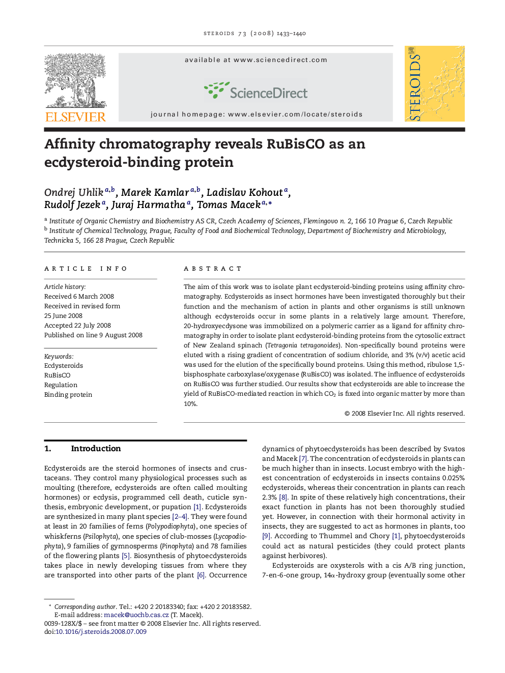 Affinity chromatography reveals RuBisCO as an ecdysteroid-binding protein