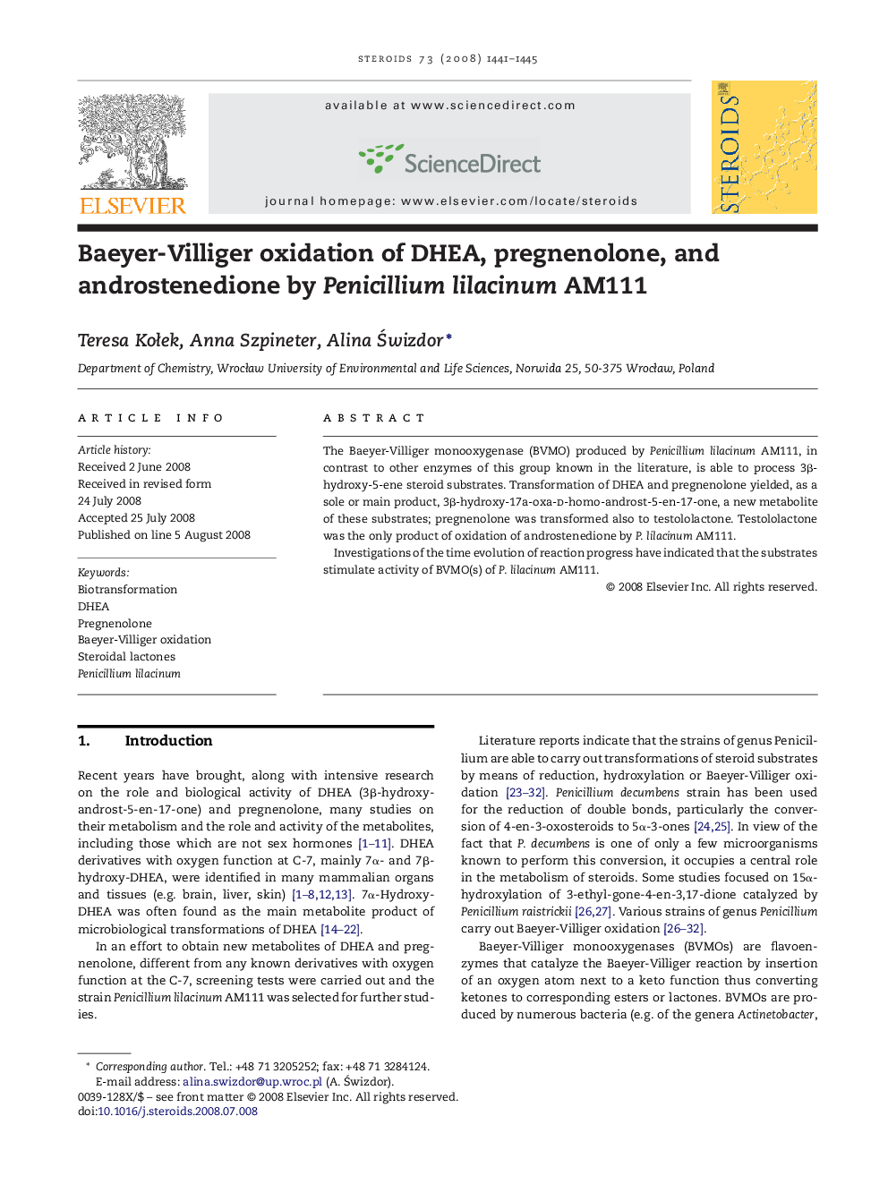 Baeyer-Villiger oxidation of DHEA, pregnenolone, and androstenedione by Penicillium lilacinum AM111