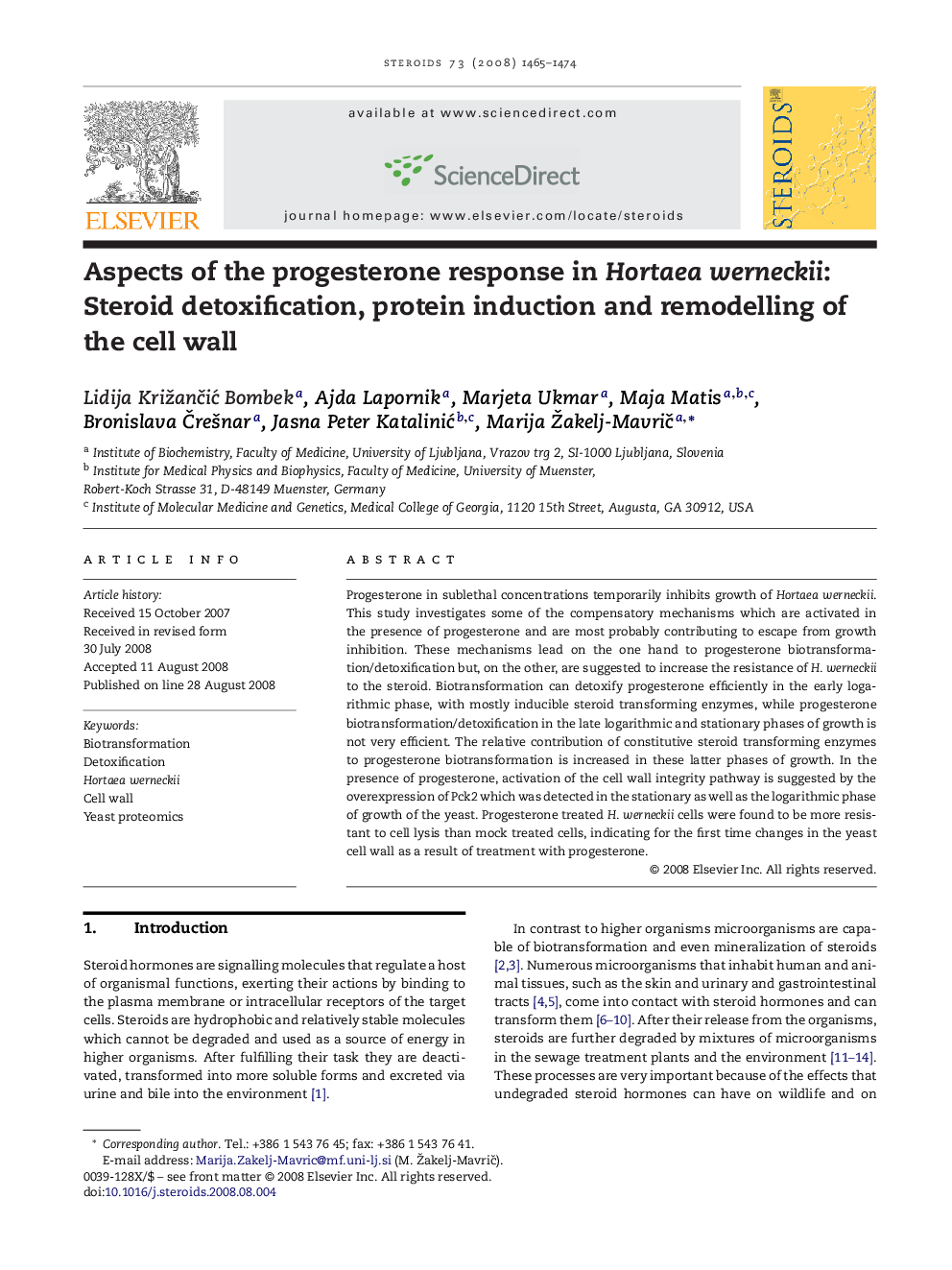 Aspects of the progesterone response in Hortaea werneckii: Steroid detoxification, protein induction and remodelling of the cell wall