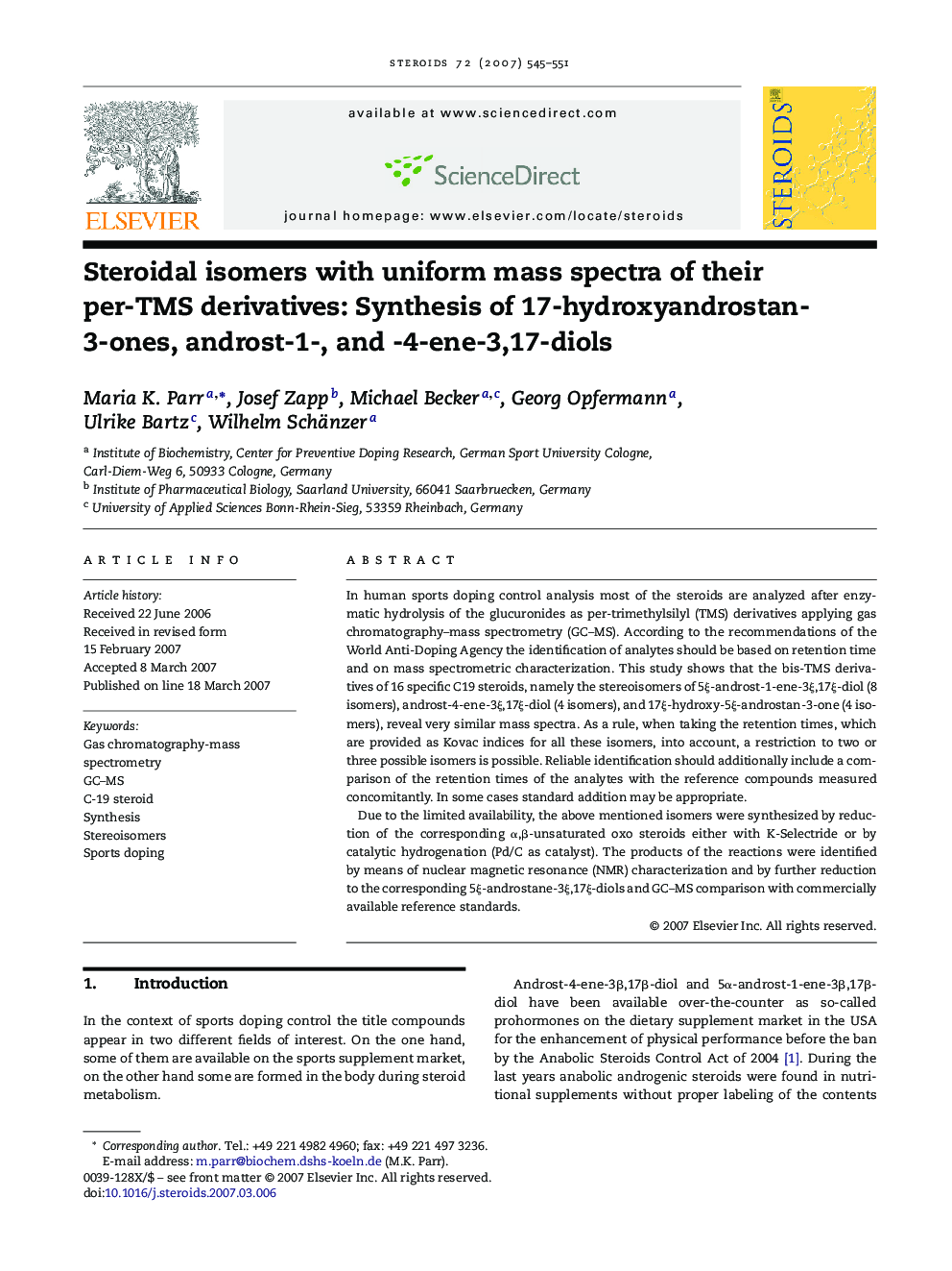 Steroidal isomers with uniform mass spectra of their per-TMS derivatives: Synthesis of 17-hydroxyandrostan-3-ones, androst-1-, and -4-ene-3,17-diols