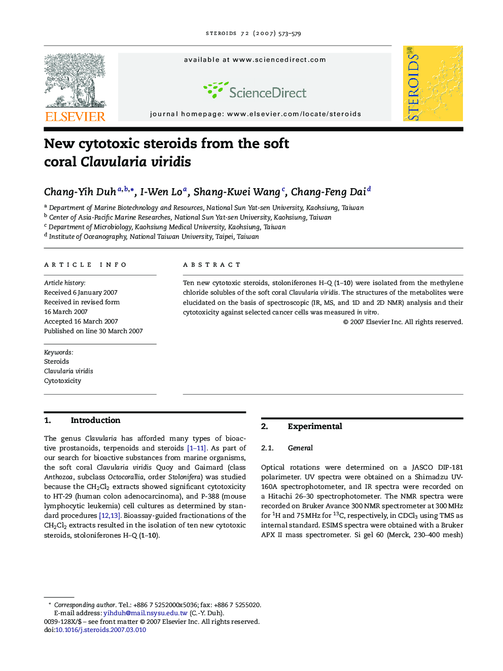 New cytotoxic steroids from the soft coral Clavularia viridis