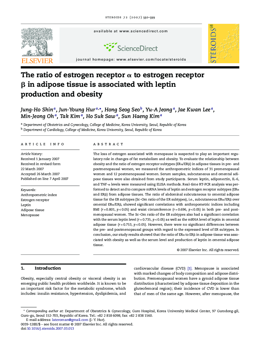 The ratio of estrogen receptor α to estrogen receptor β in adipose tissue is associated with leptin production and obesity