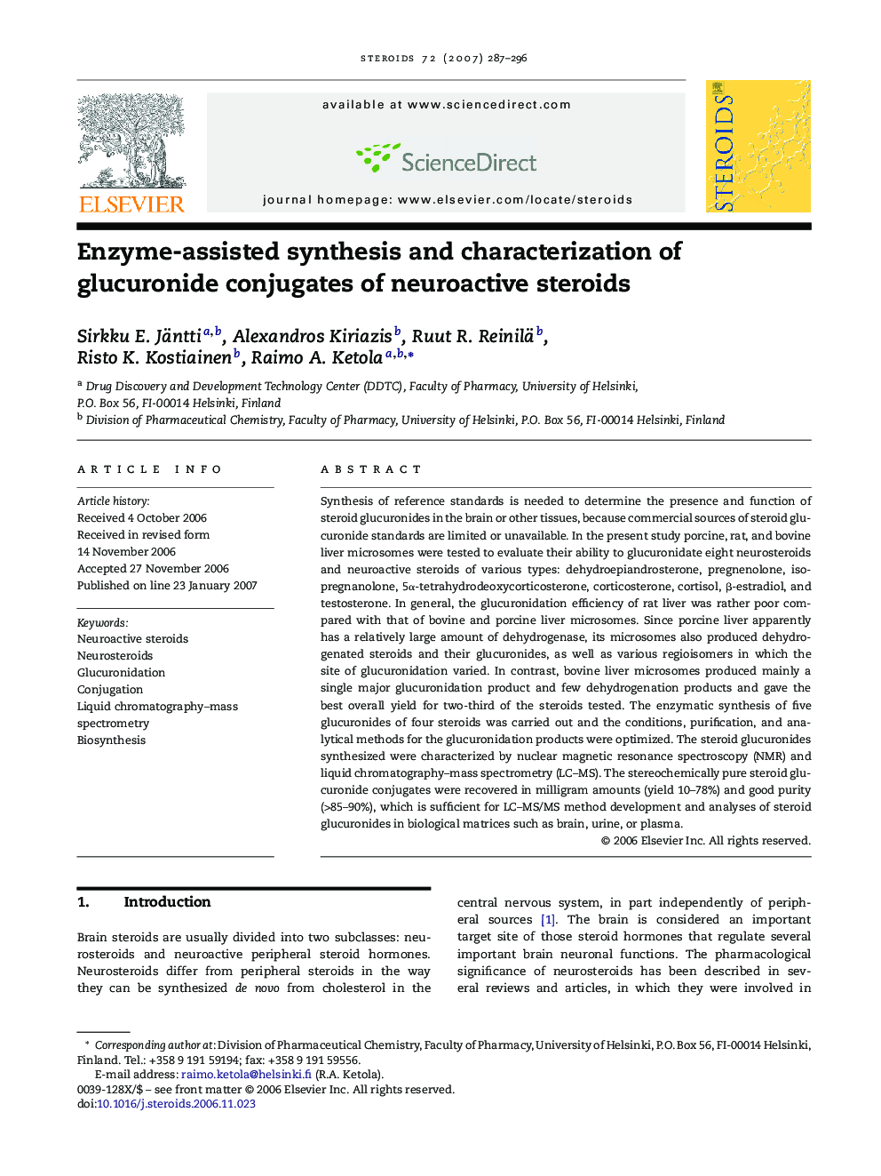 Enzyme-assisted synthesis and characterization of glucuronide conjugates of neuroactive steroids