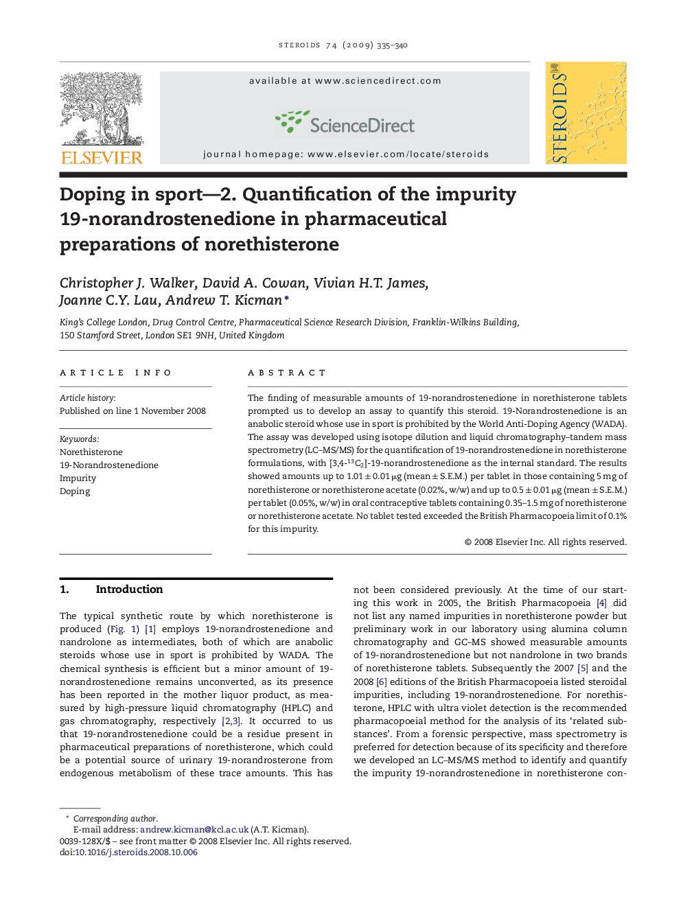 Doping in sport-2. Quantification of the impurity 19-norandrostenedione in pharmaceutical preparations of norethisterone