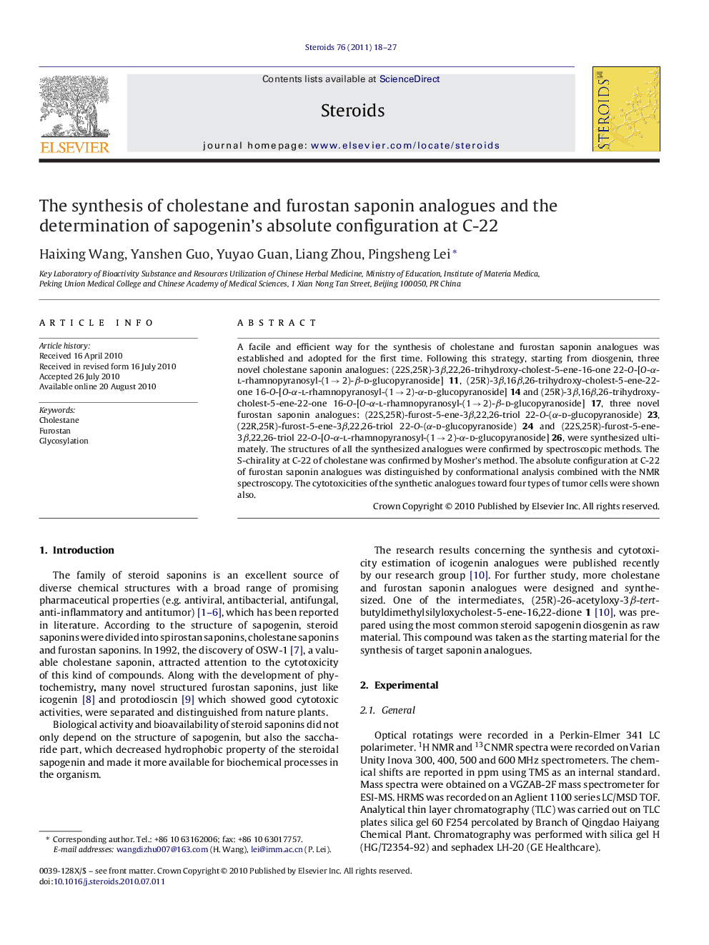 The synthesis of cholestane and furostan saponin analogues and the determination of sapogenin's absolute configuration at C-22