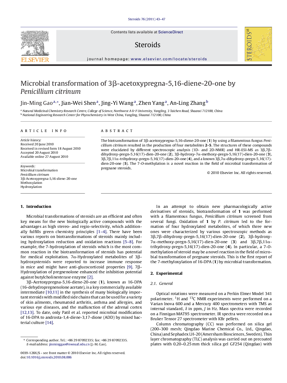 Microbial transformation of 3β-acetoxypregna-5,16-diene-20-one by Penicillium citrinum