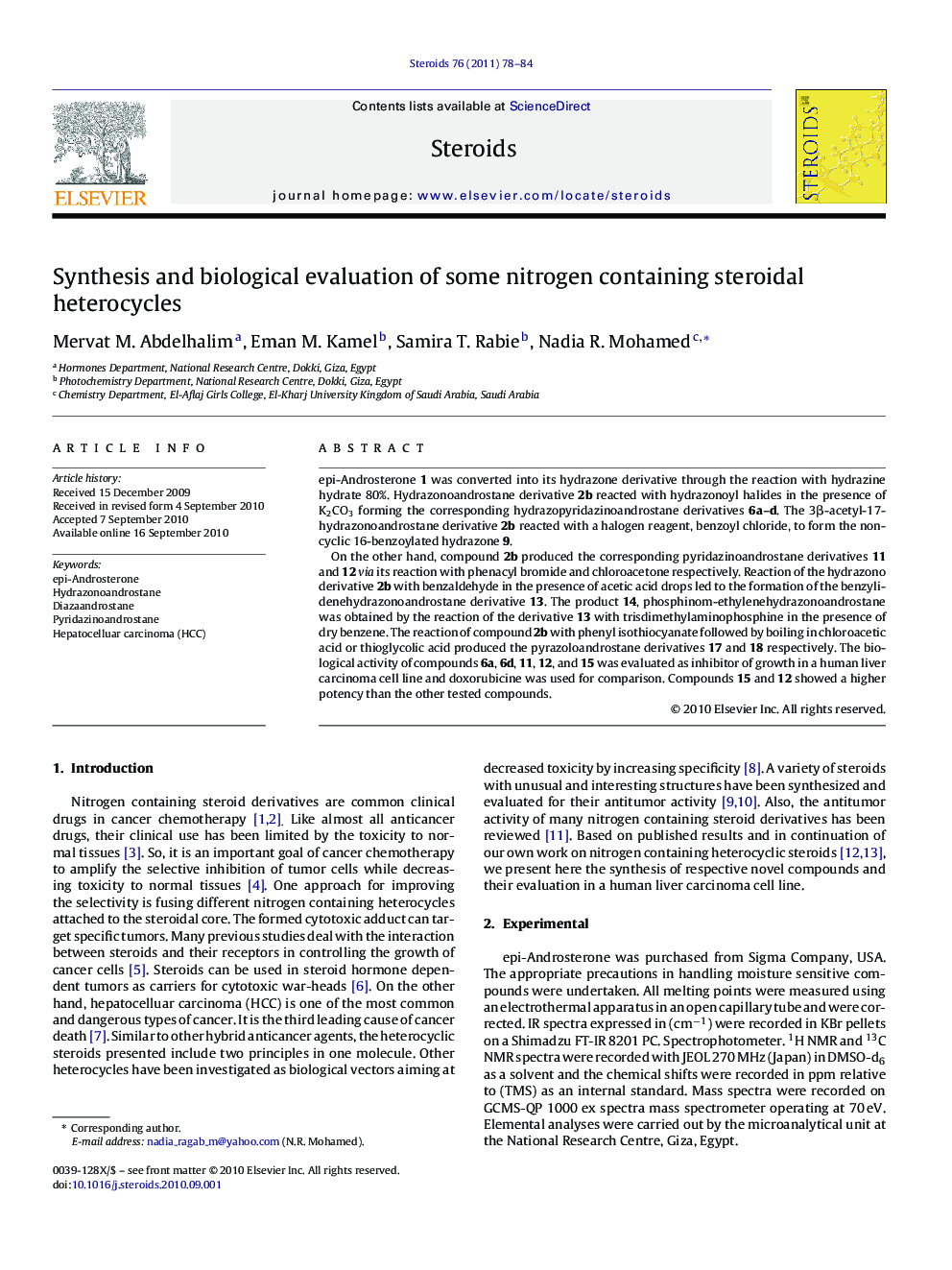 Synthesis and biological evaluation of some nitrogen containing steroidal heterocycles