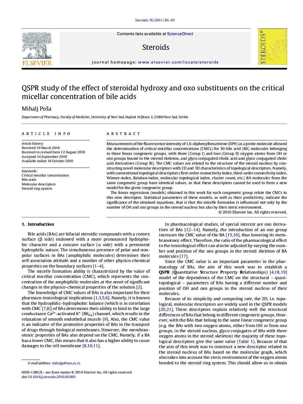 QSPR study of the effect of steroidal hydroxy and oxo substituents on the critical micellar concentration of bile acids