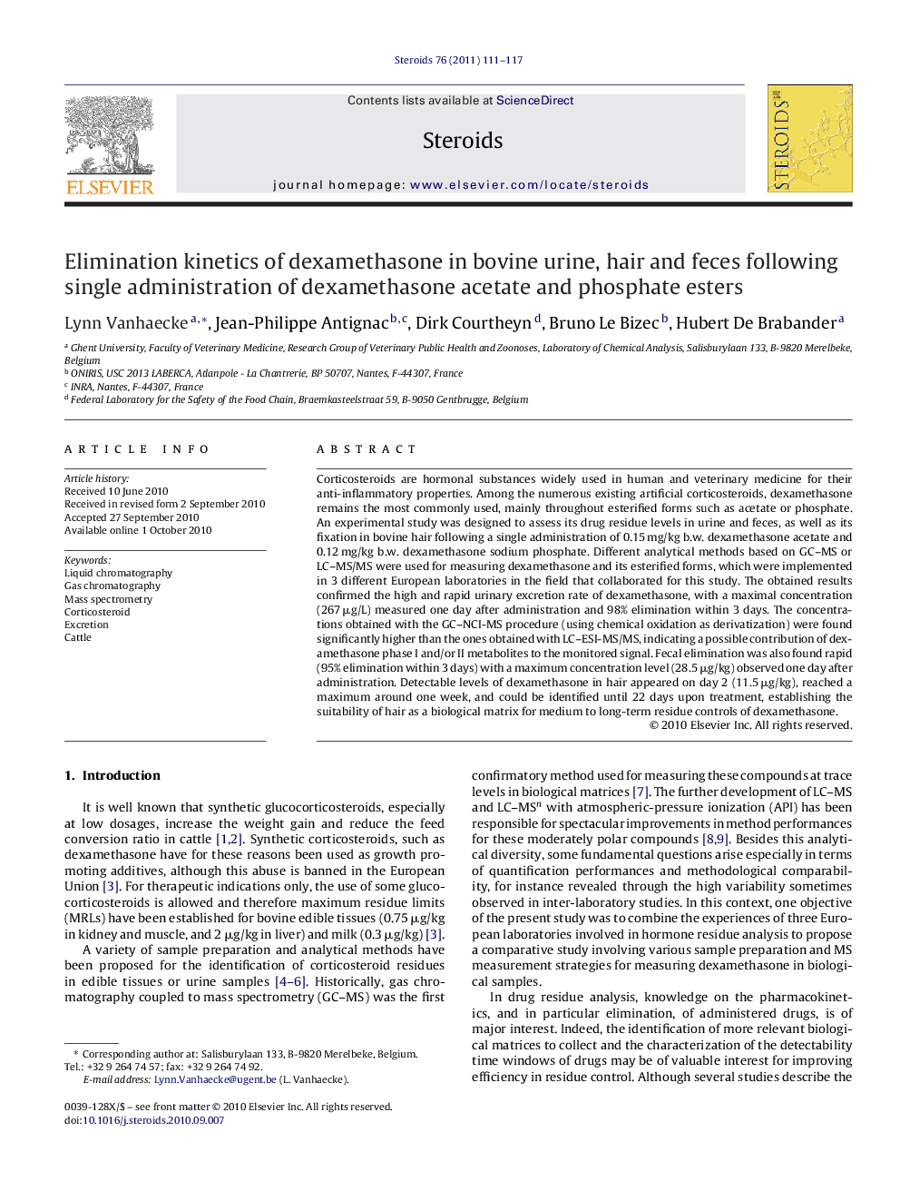 Elimination kinetics of dexamethasone in bovine urine, hair and feces following single administration of dexamethasone acetate and phosphate esters