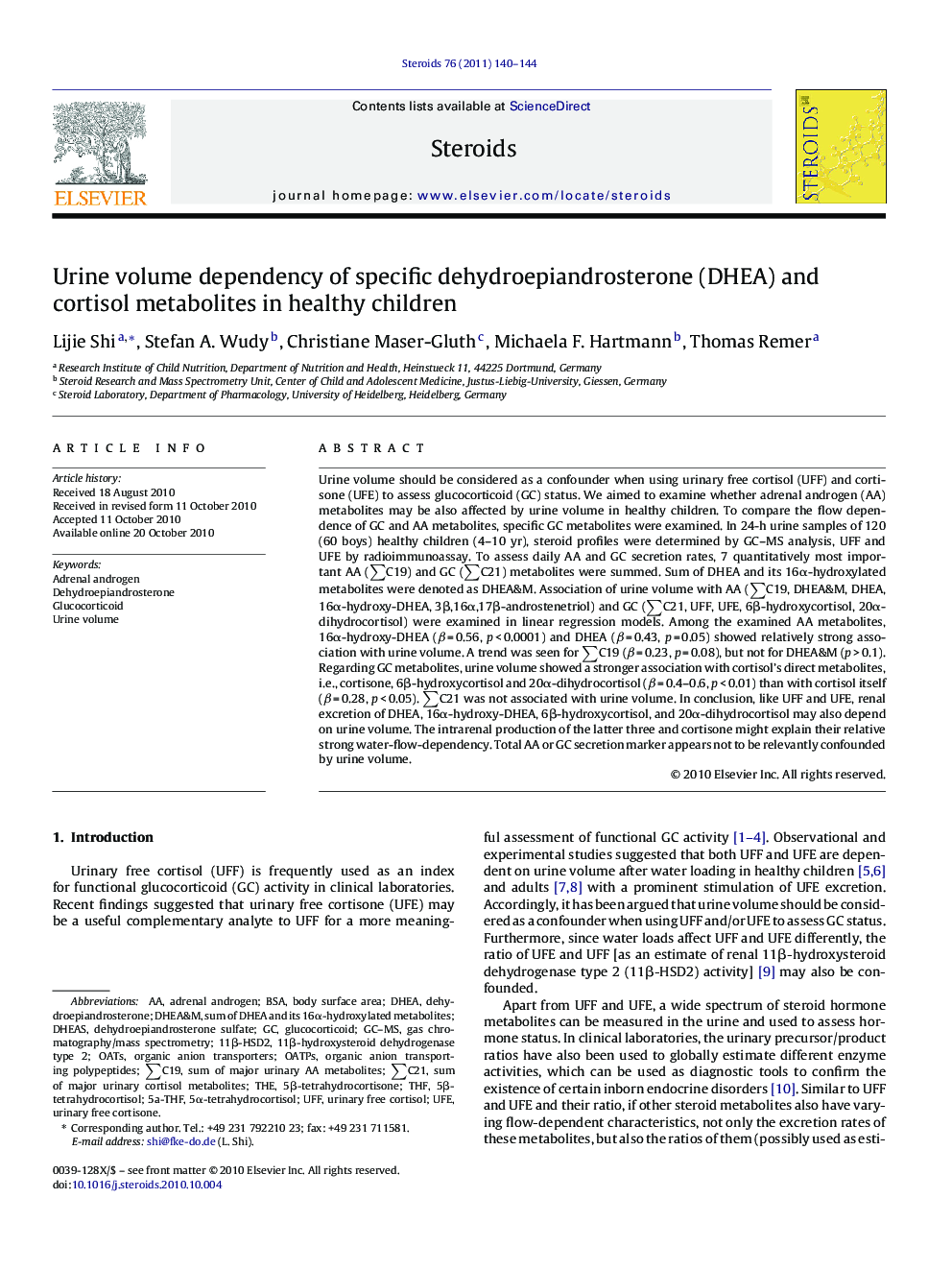 Urine volume dependency of specific dehydroepiandrosterone (DHEA) and cortisol metabolites in healthy children