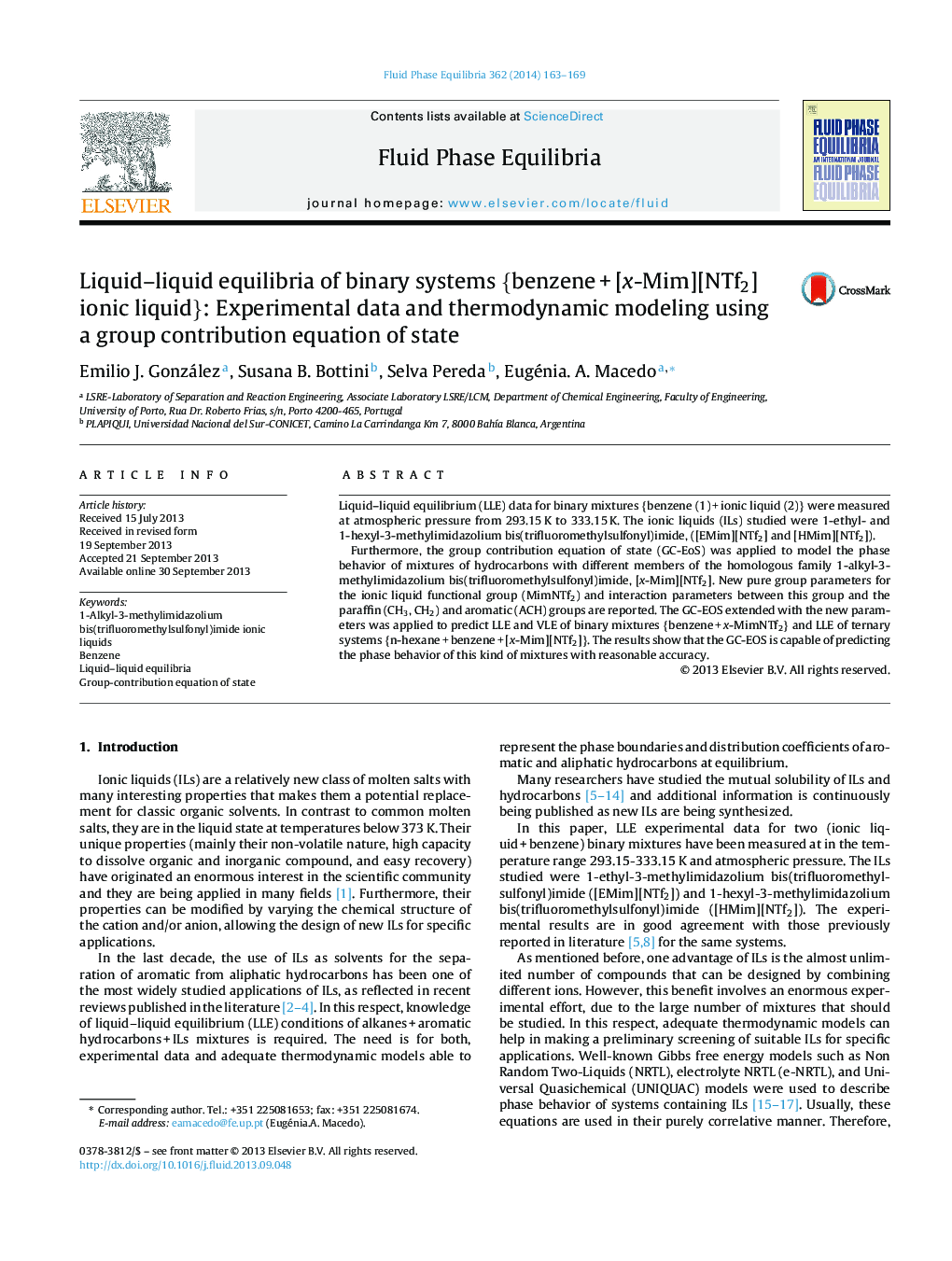 Liquid–liquid equilibria of binary systems {benzene + [x-Mim][NTf2] ionic liquid}: Experimental data and thermodynamic modeling using a group contribution equation of state