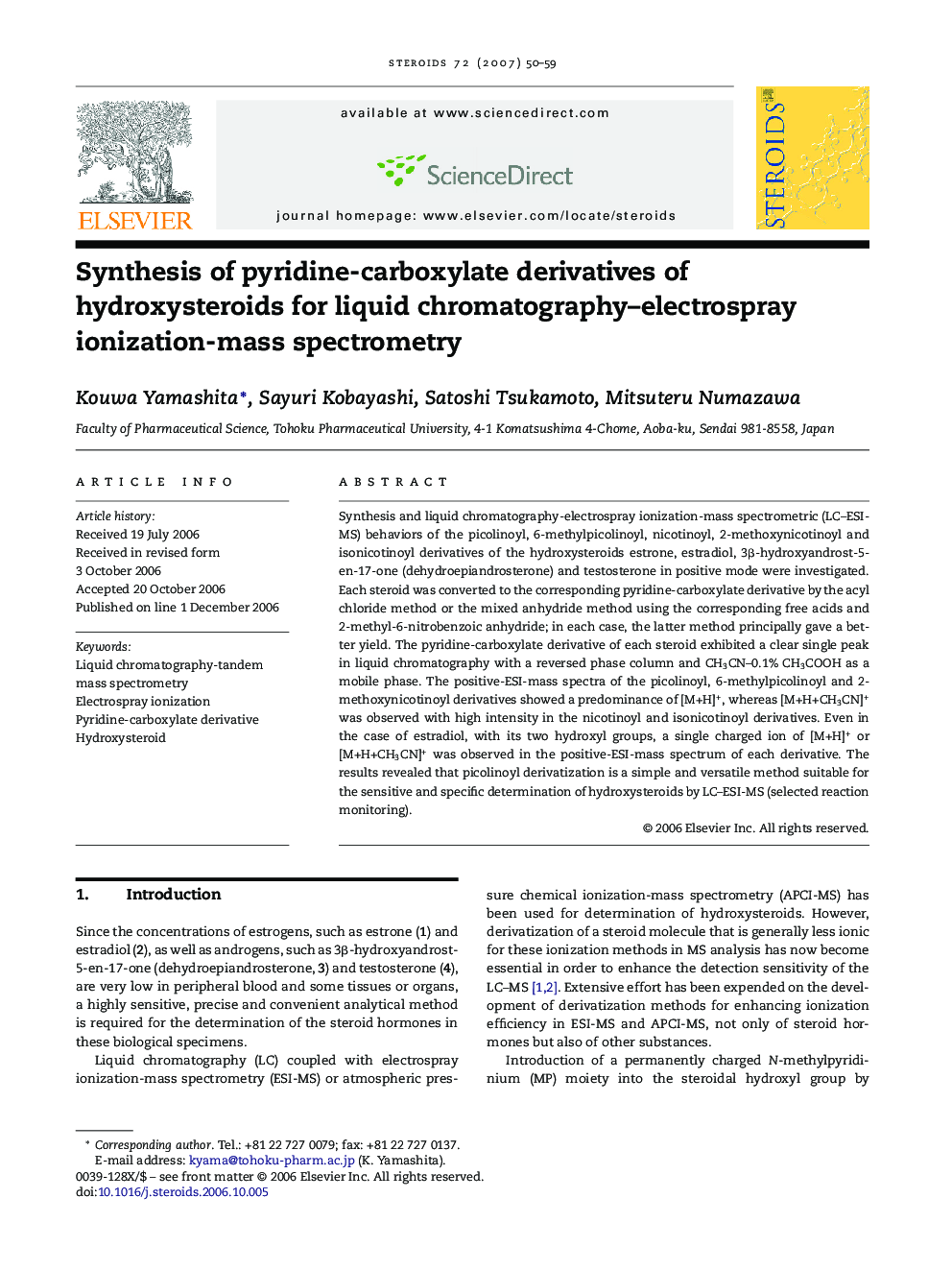 Synthesis of pyridine-carboxylate derivatives of hydroxysteroids for liquid chromatography–electrospray ionization-mass spectrometry