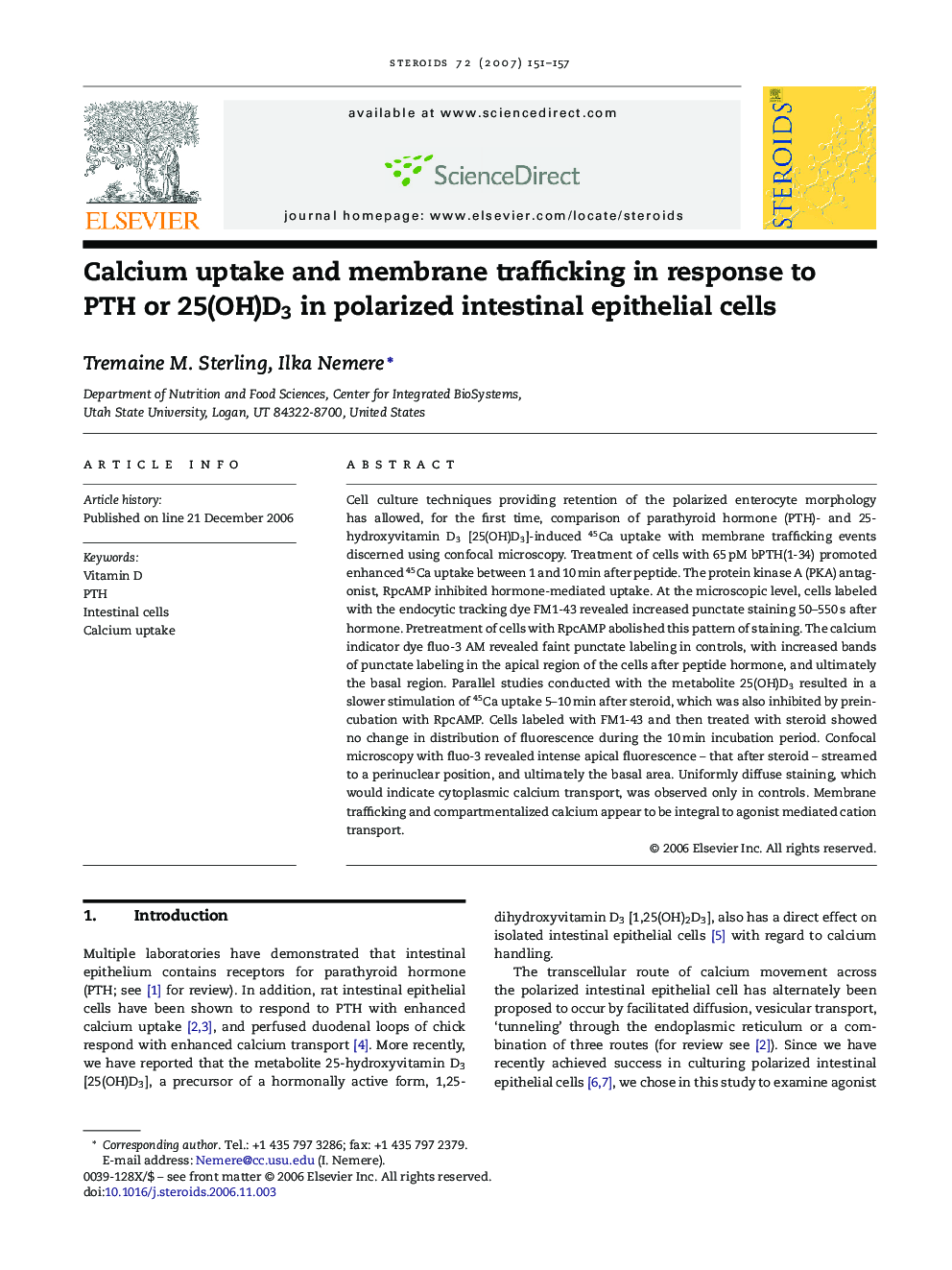 Calcium uptake and membrane trafficking in response to PTH or 25(OH)D3 in polarized intestinal epithelial cells