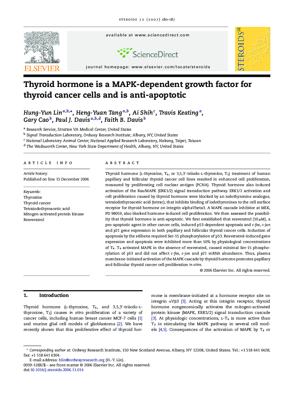 Thyroid hormone is a MAPK-dependent growth factor for thyroid cancer cells and is anti-apoptotic