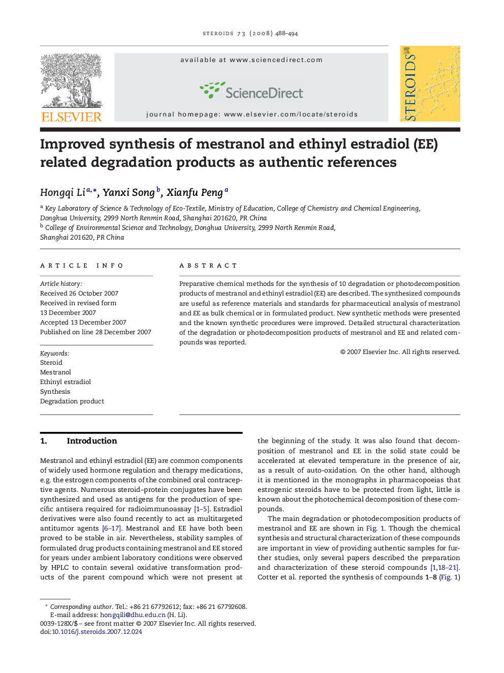 Improved synthesis of mestranol and ethinyl estradiol (EE) related degradation products as authentic references