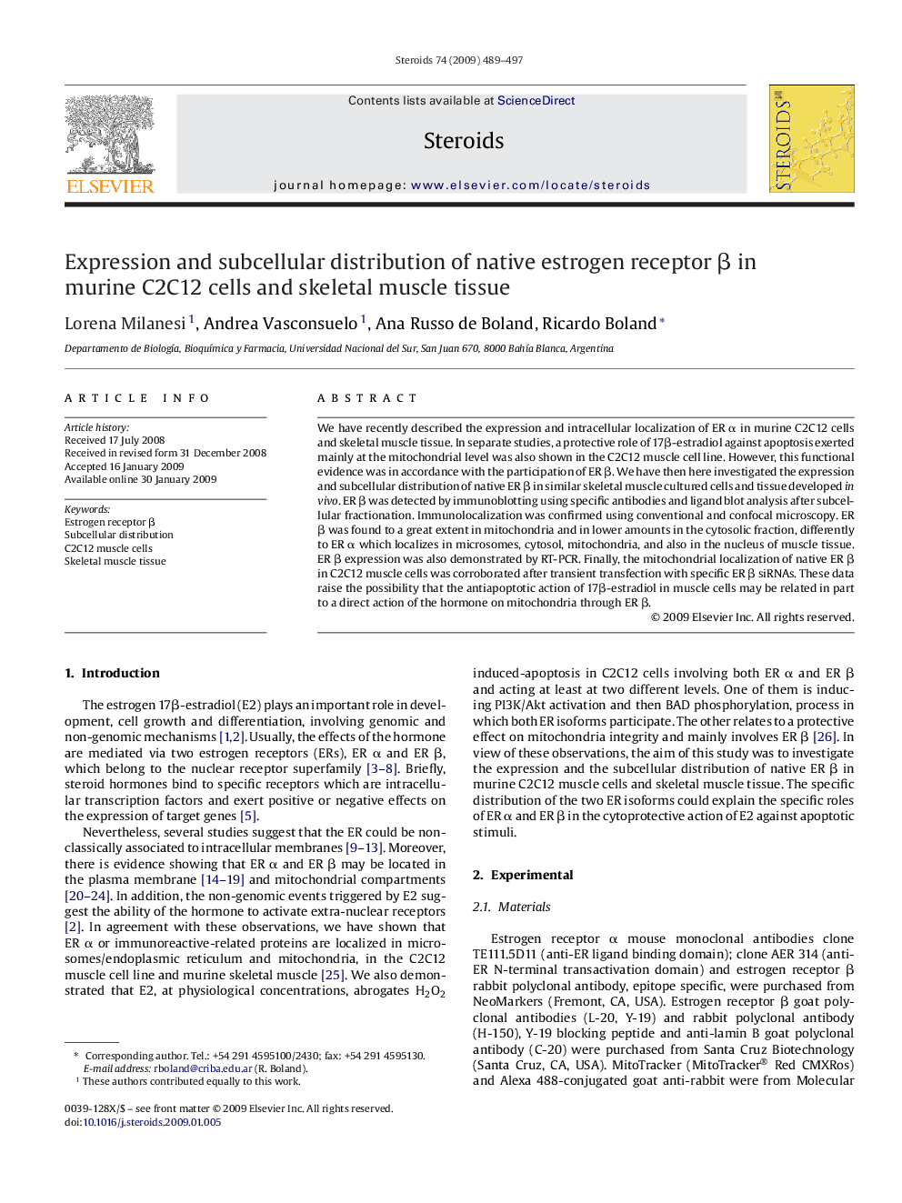 Expression and subcellular distribution of native estrogen receptor Î² in murine C2C12 cells and skeletal muscle tissue