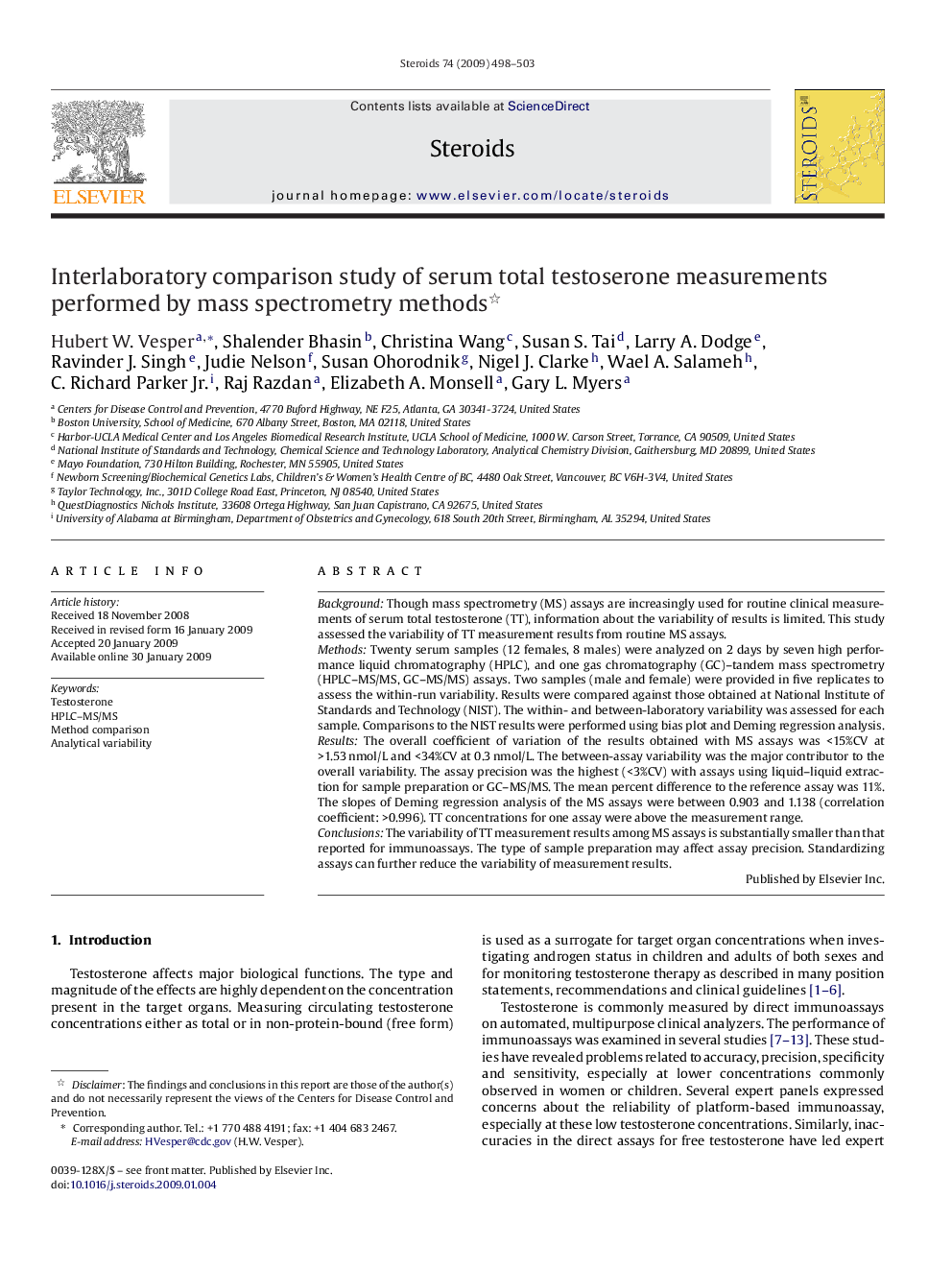 Interlaboratory comparison study of serum total testoserone measurements performed by mass spectrometry methods 