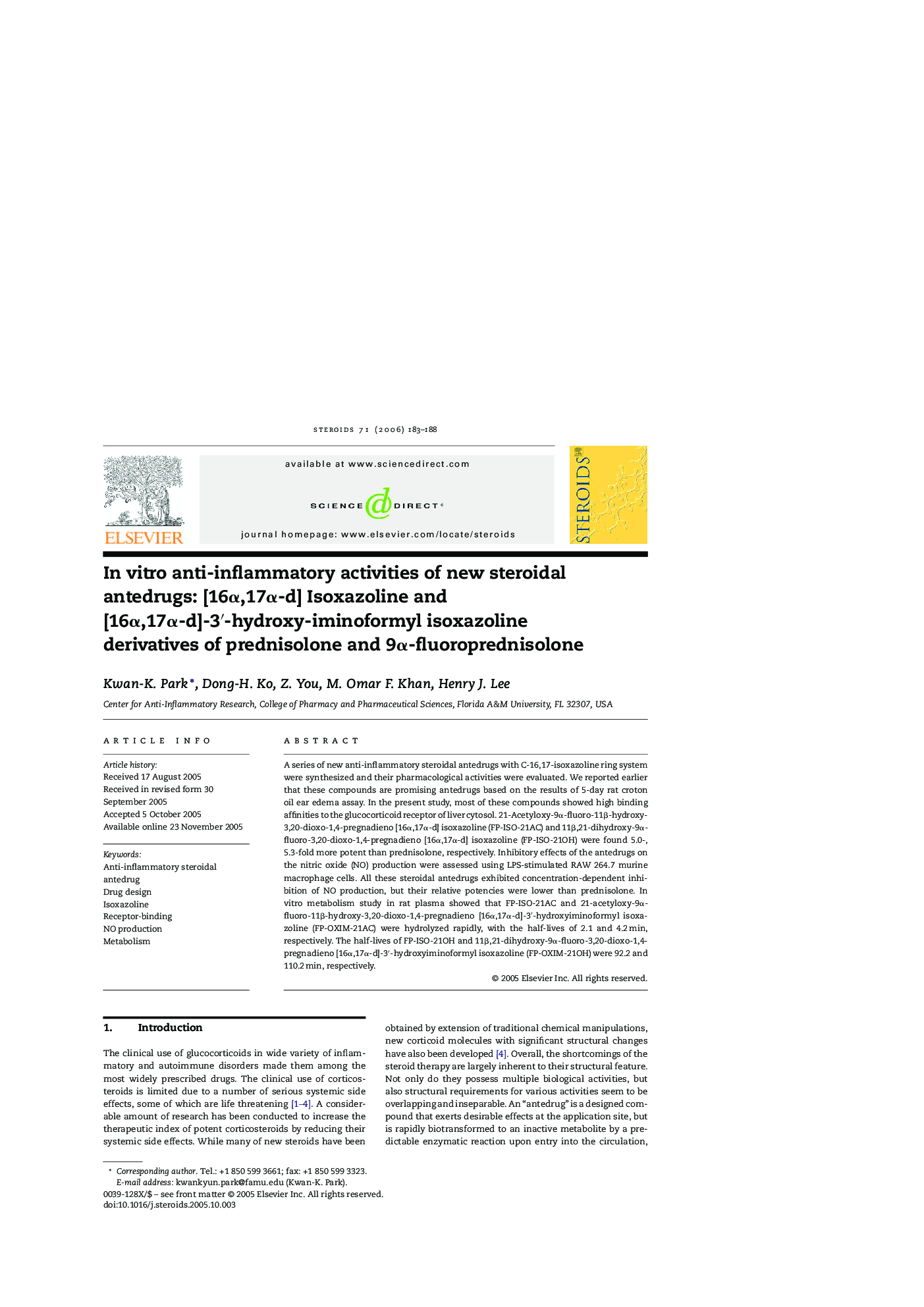 In vitro anti-inflammatory activities of new steroidal antedrugs: [16α,17α-d] Isoxazoline and [16α,17α-d]-3′-hydroxy-iminoformyl isoxazoline derivatives of prednisolone and 9α-fluoroprednisolone