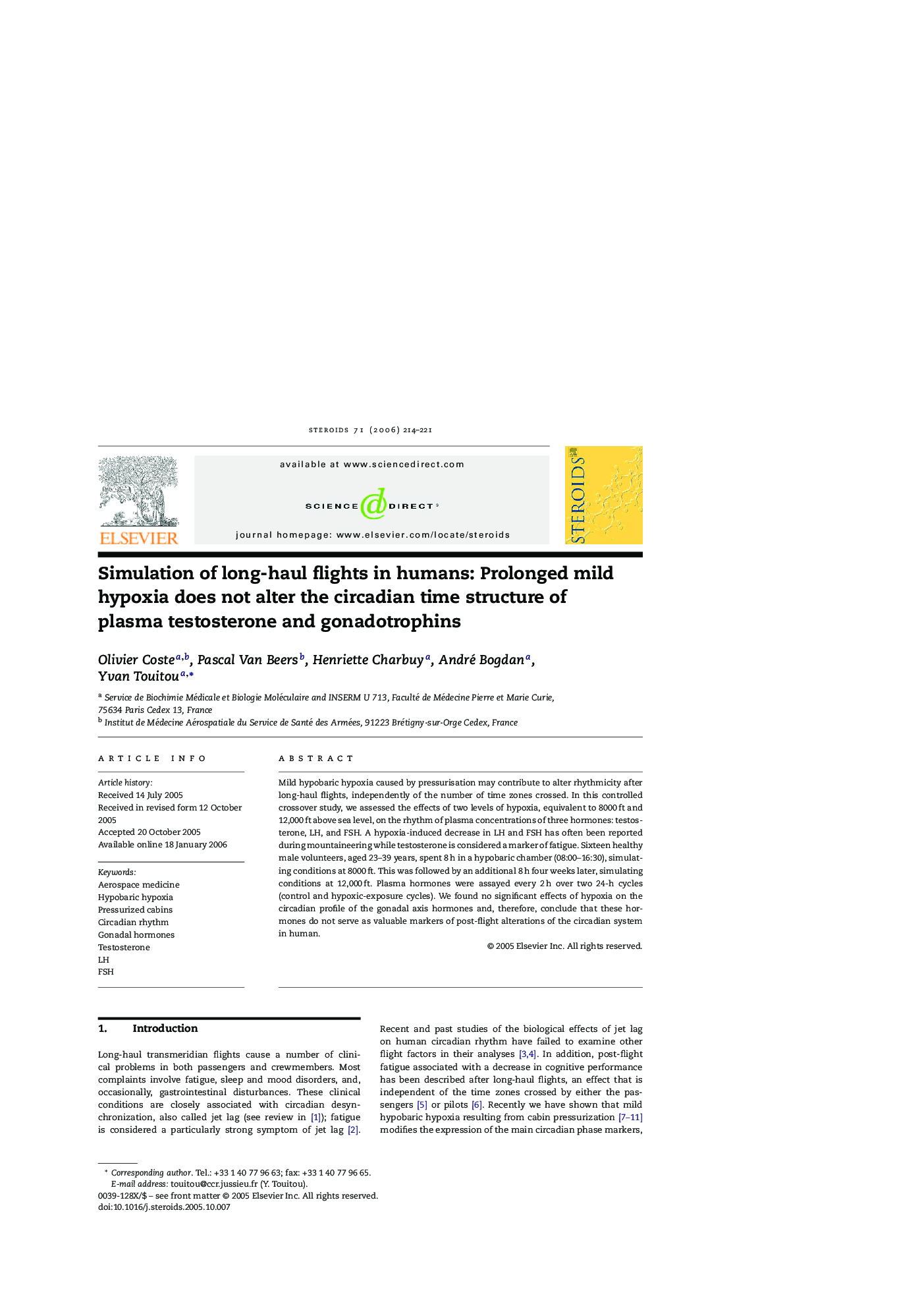 Simulation of long-haul flights in humans: Prolonged mild hypoxia does not alter the circadian time structure of plasma testosterone and gonadotrophins