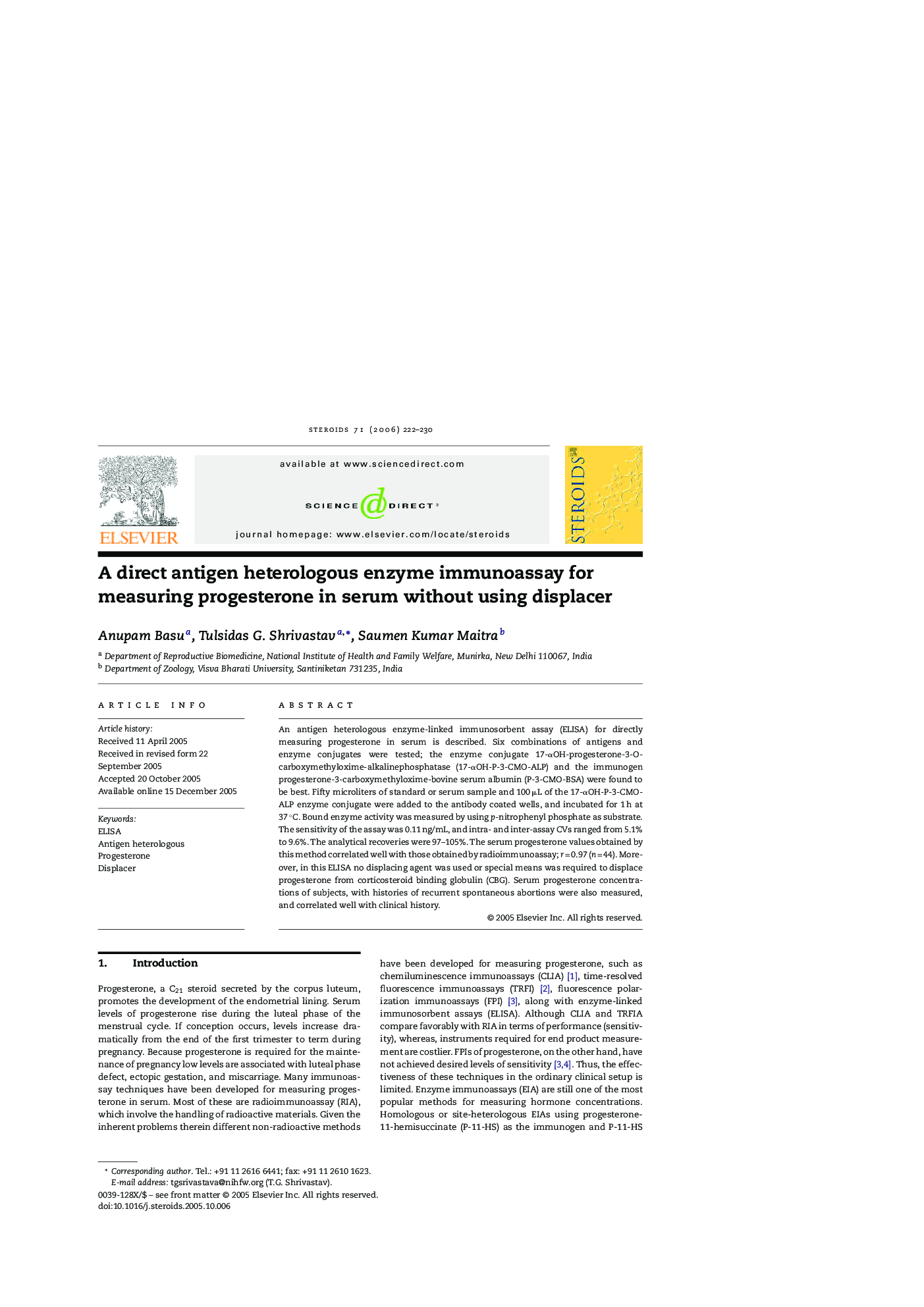 A direct antigen heterologous enzyme immunoassay for measuring progesterone in serum without using displacer