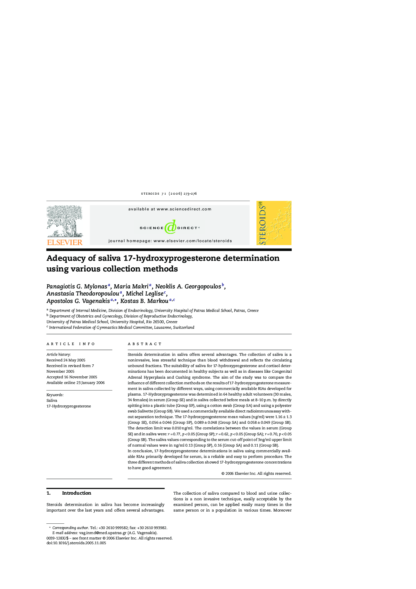 Adequacy of saliva 17-hydroxyprogesterone determination using various collection methods
