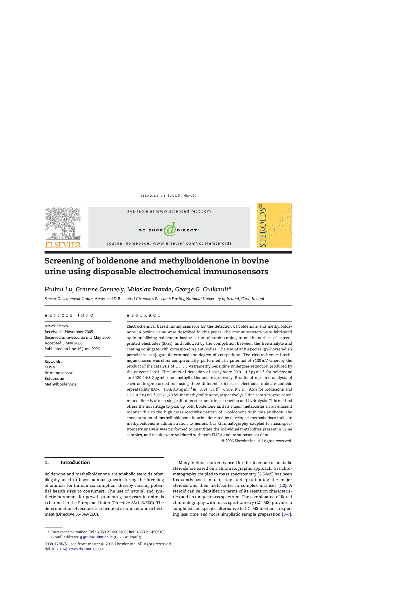 عکس صفحه اول مقاله: Screening of boldenone and methylboldenone in bovine urine using disposable electrochemical immunosensors Screening of boldenone and methylboldenone in bovine urine using disposable electrochemical immunosensors