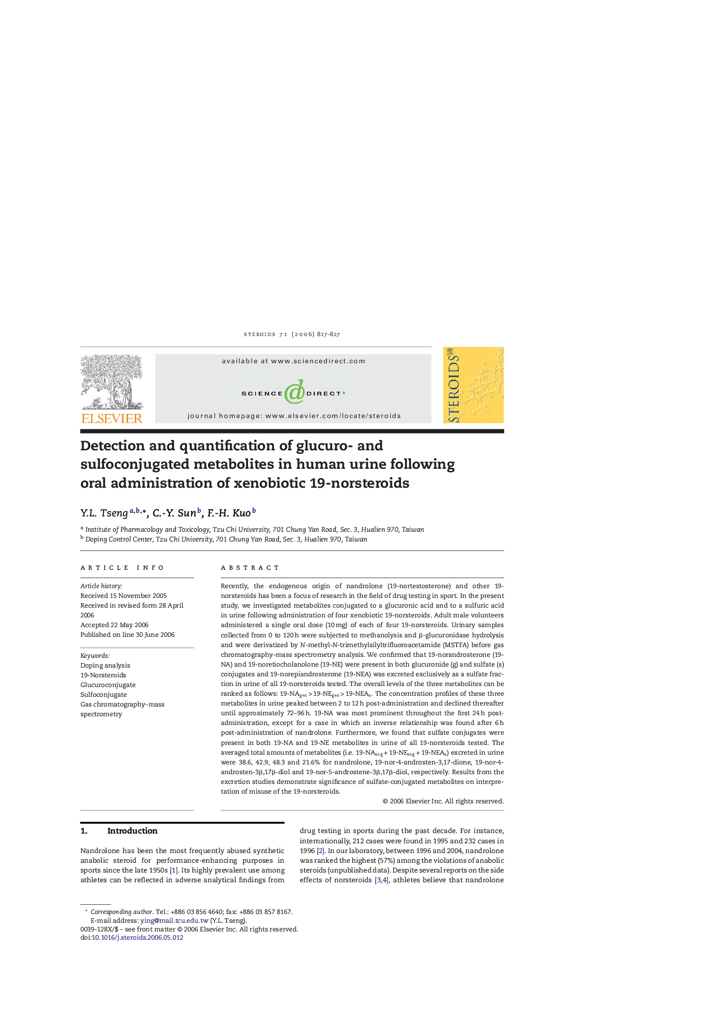 Detection and quantification of glucuro- and sulfoconjugated metabolites in human urine following oral administration of xenobiotic 19-norsteroids