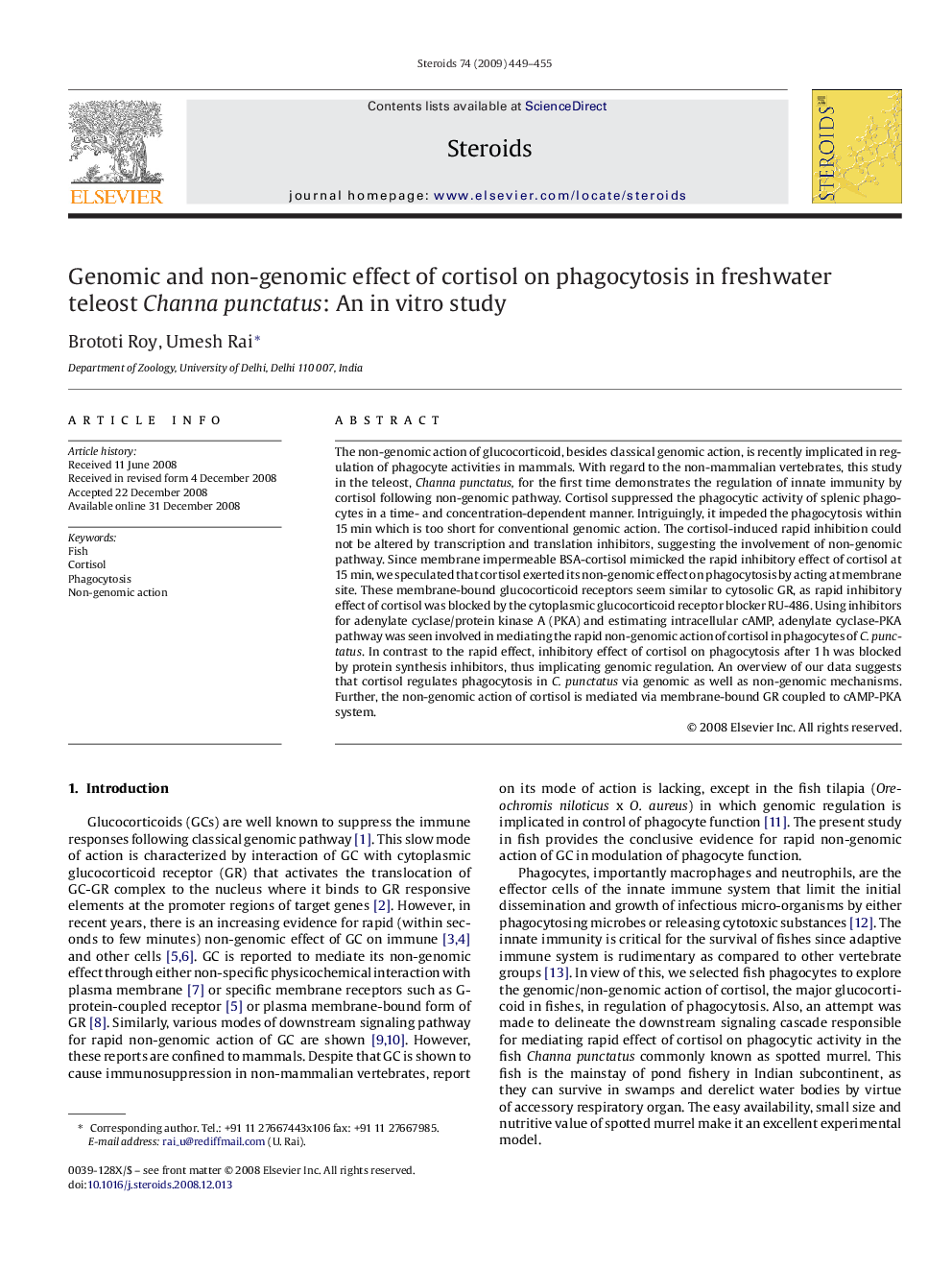 Genomic and non-genomic effect of cortisol on phagocytosis in freshwater teleost Channa punctatus: An in vitro study