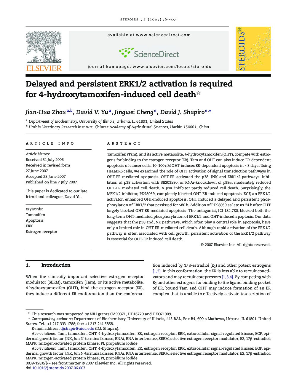 Delayed and persistent ERK1/2 activation is required for 4-hydroxytamoxifen-induced cell death 