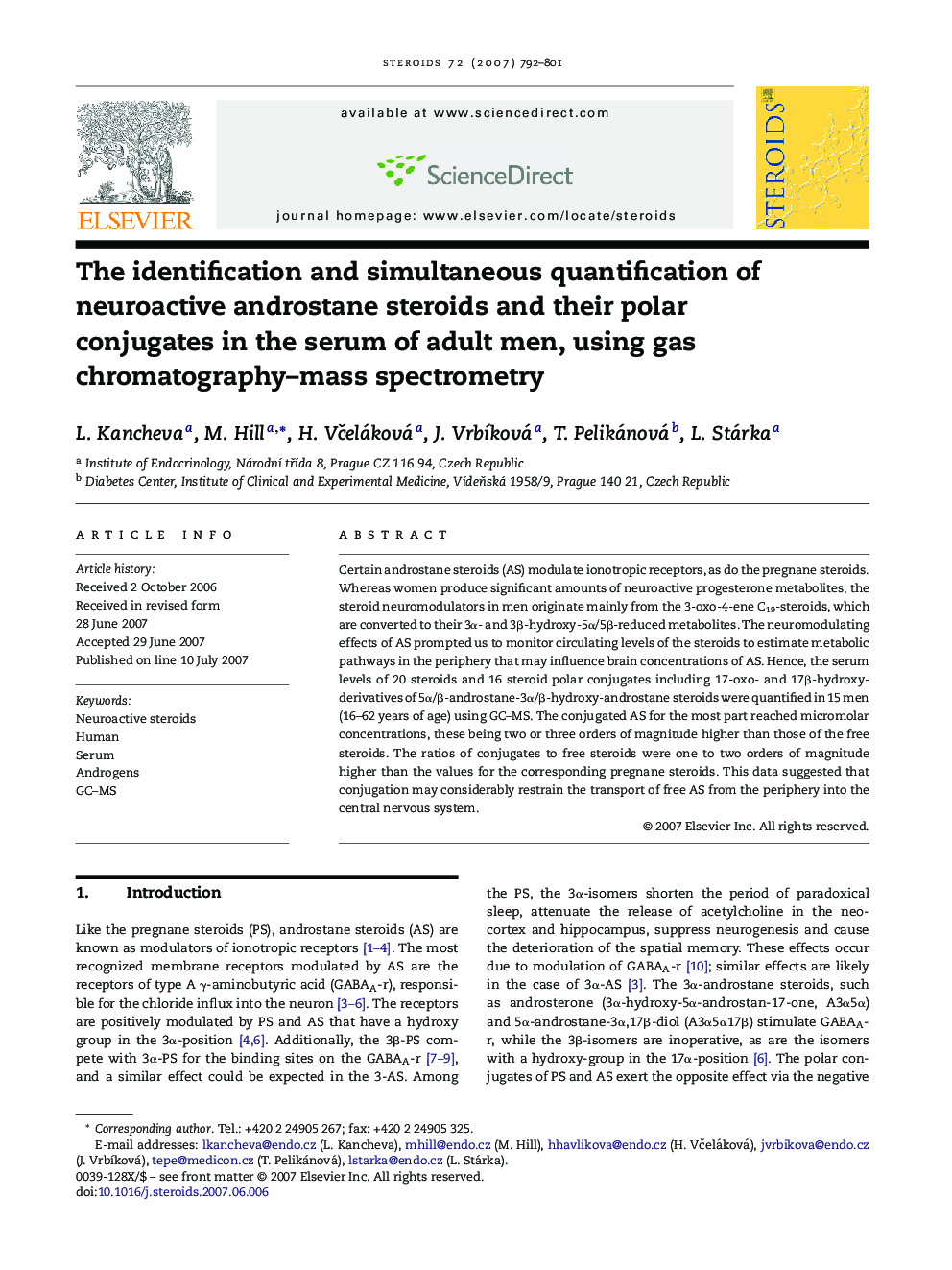 The identification and simultaneous quantification of neuroactive androstane steroids and their polar conjugates in the serum of adult men, using gas chromatography–mass spectrometry