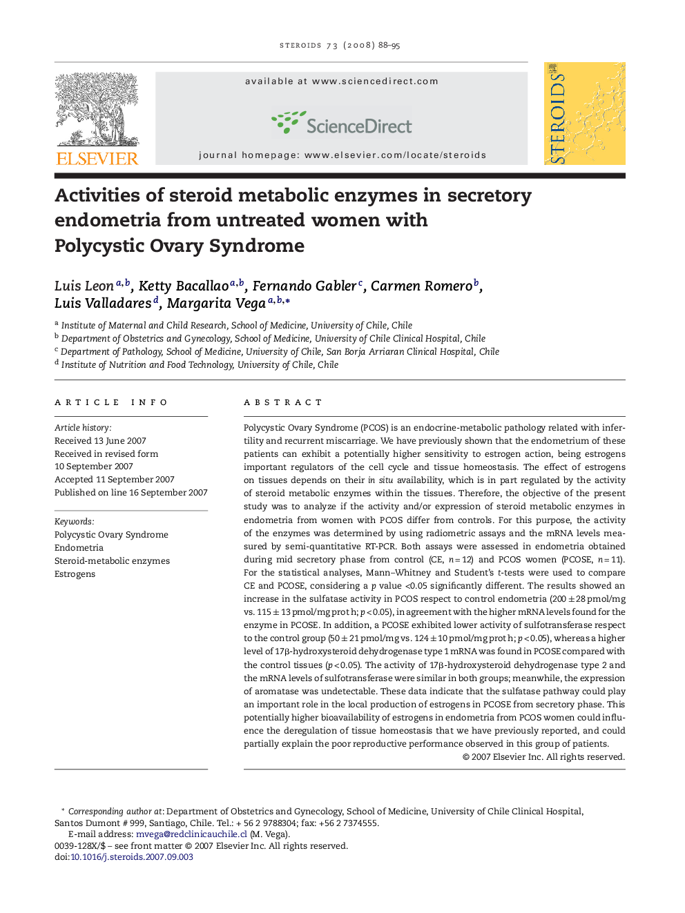 Activities of steroid metabolic enzymes in secretory endometria from untreated women with Polycystic Ovary Syndrome