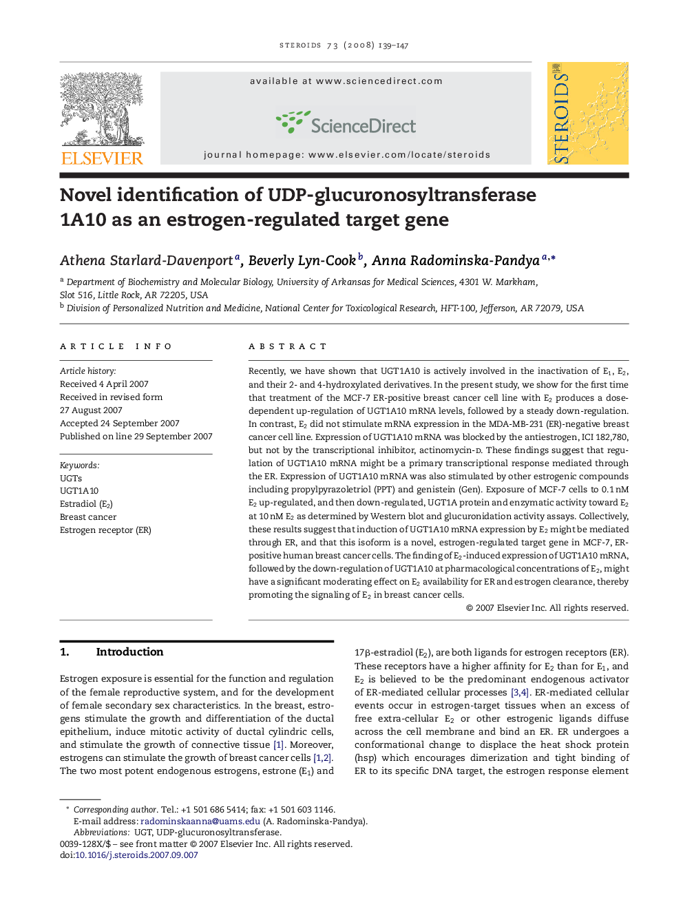 Novel identification of UDP-glucuronosyltransferase 1A10 as an estrogen-regulated target gene