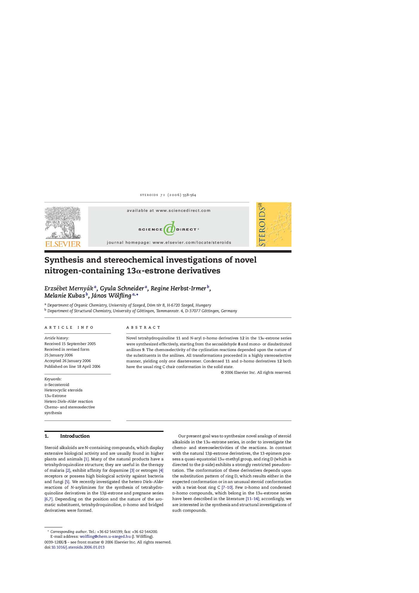 عکس صفحه اول مقاله: Synthesis and stereochemical investigations of novel nitrogen-containing 13α-estrone derivatives Synthesis and stereochemical investigations of novel nitrogen-containing 13α-estrone derivatives
