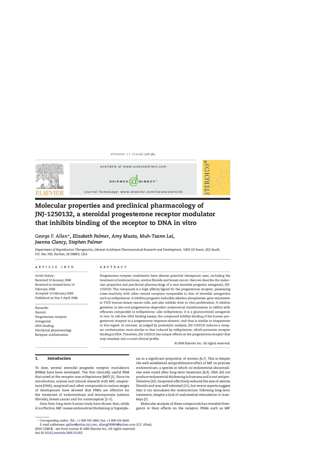 Molecular properties and preclinical pharmacology of JNJ-1250132, a steroidal progesterone receptor modulator that inhibits binding of the receptor to DNA in vitro