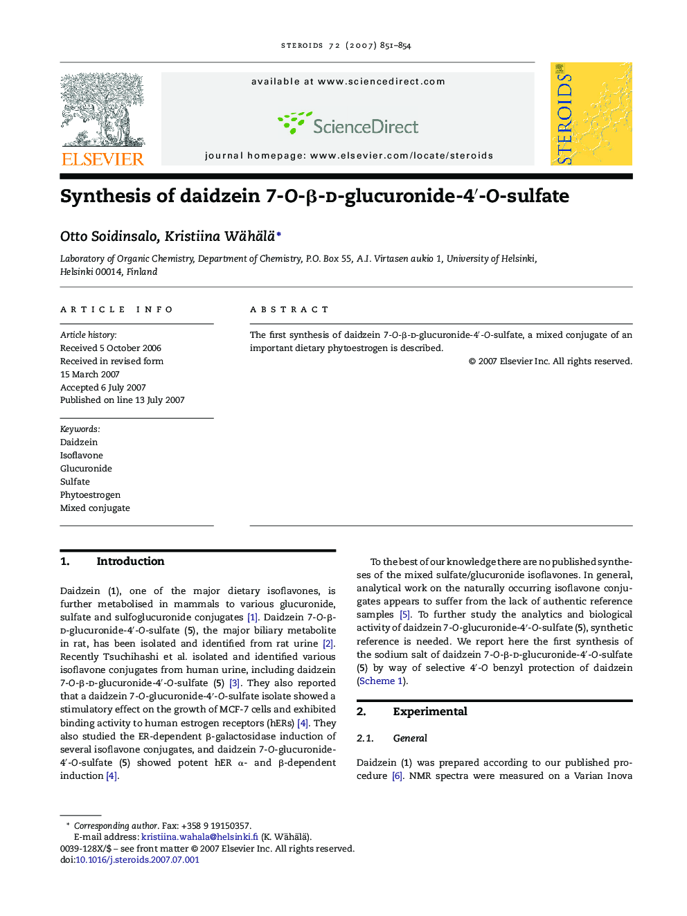 Synthesis of daidzein 7-O-β-d-glucuronide-4′-O-sulfate