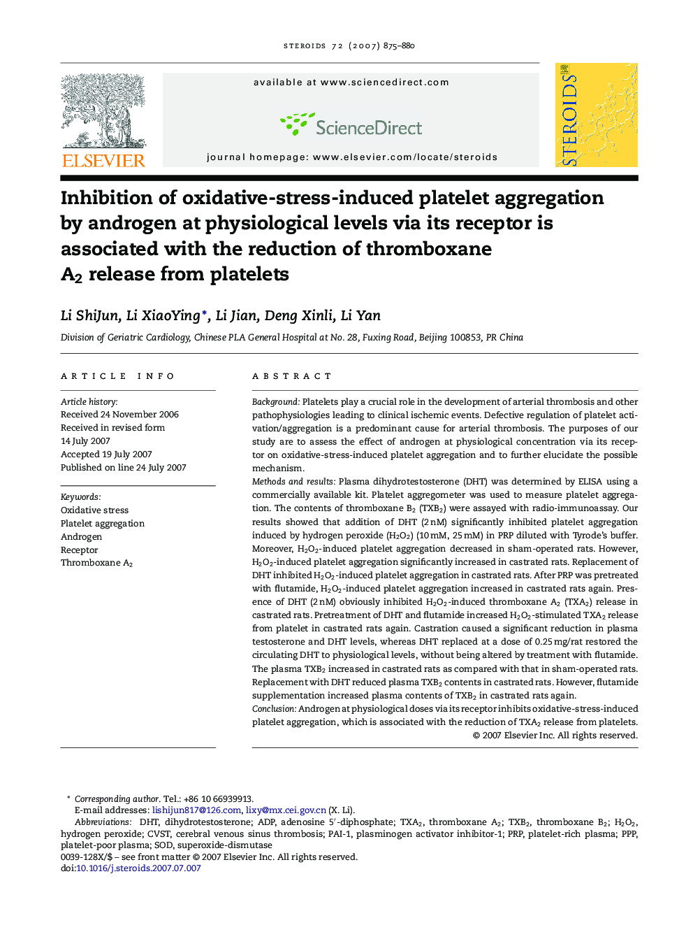 Inhibition of oxidative-stress-induced platelet aggregation by androgen at physiological levels via its receptor is associated with the reduction of thromboxane A2 release from platelets