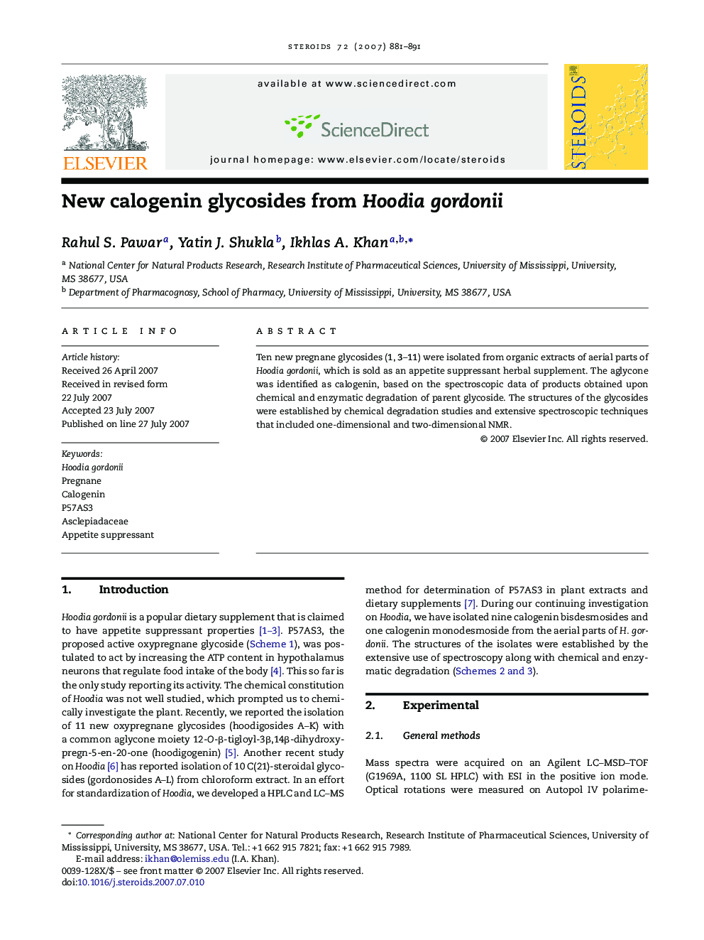 New calogenin glycosides from Hoodia gordonii