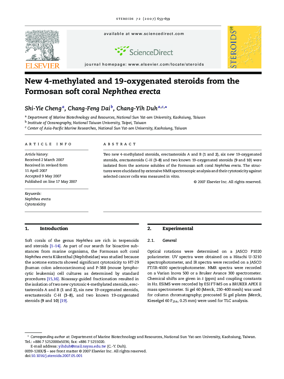 New 4-methylated and 19-oxygenated steroids from the Formosan soft coral Nephthea erecta