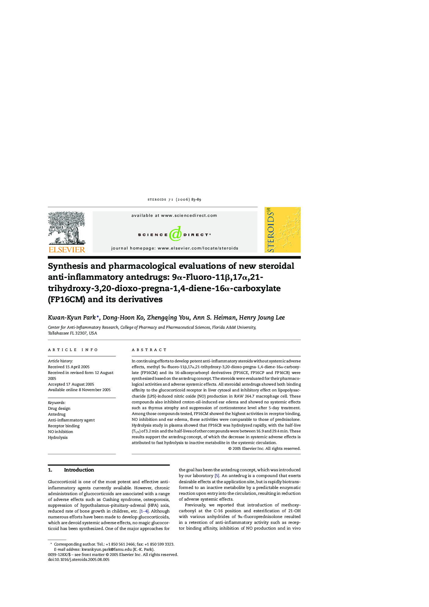 Synthesis and pharmacological evaluations of new steroidal anti-inflammatory antedrugs: 9α-Fluoro-11β,17α,21-trihydroxy-3,20-dioxo-pregna-1,4-diene-16α-carboxylate (FP16CM) and its derivatives