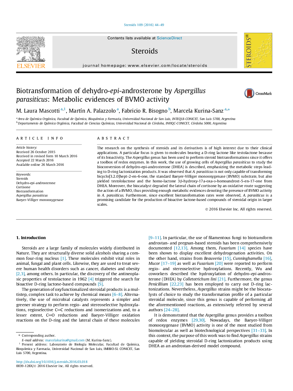 Biotransformation of dehydro-epi-androsterone by Aspergillus parasiticus: Metabolic evidences of BVMO activity