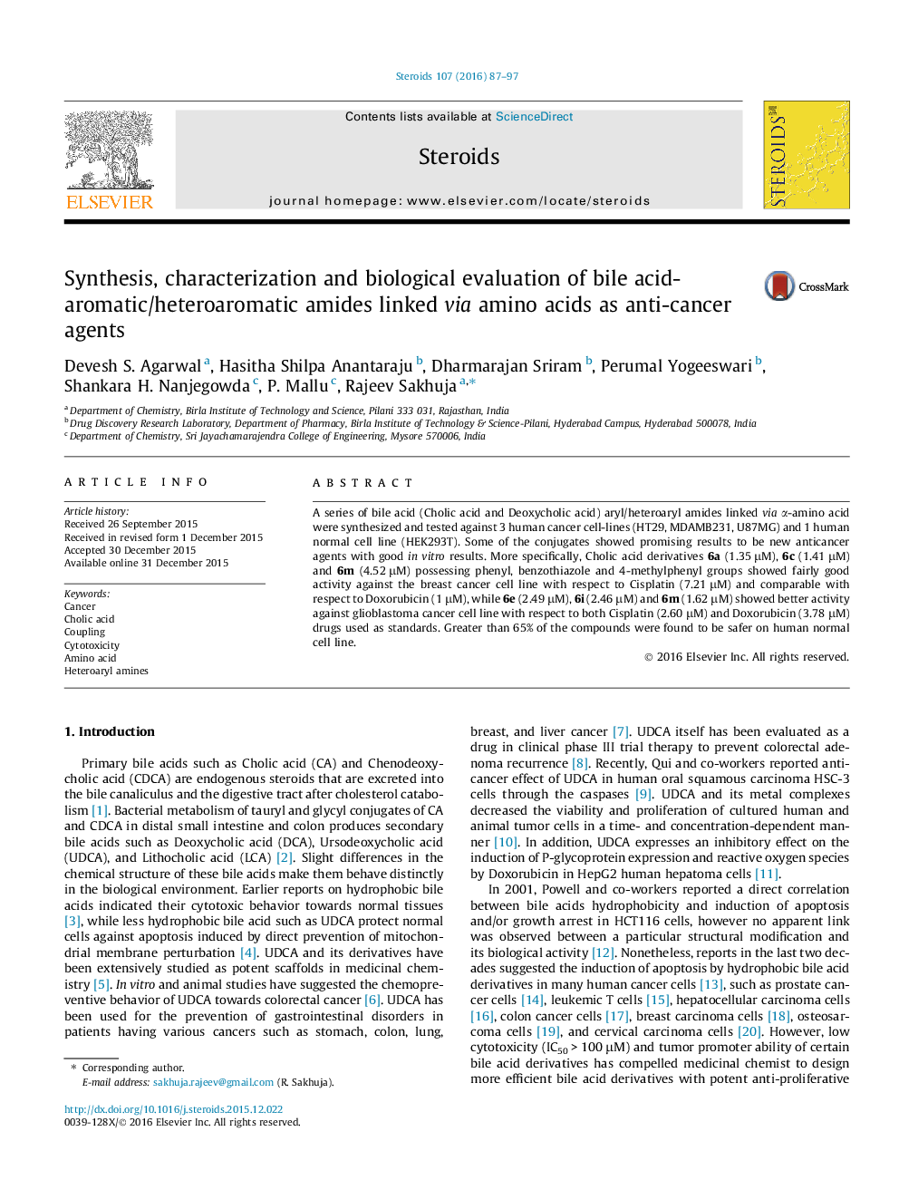 Synthesis, characterization and biological evaluation of bile acid-aromatic/heteroaromatic amides linked via amino acids as anti-cancer agents