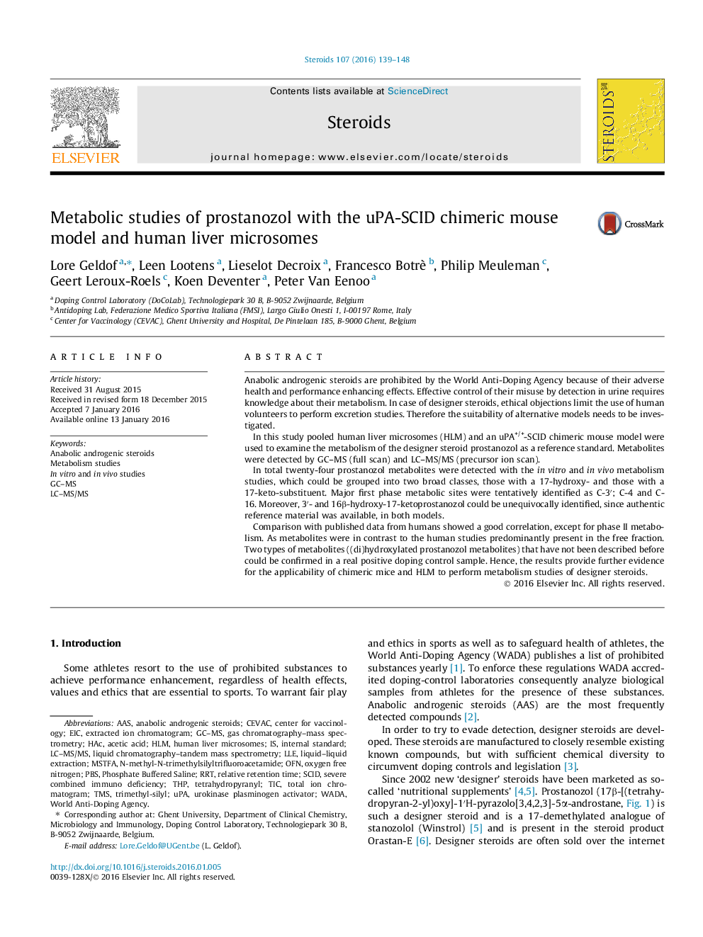 Metabolic studies of prostanozol with the uPA-SCID chimeric mouse model and human liver microsomes