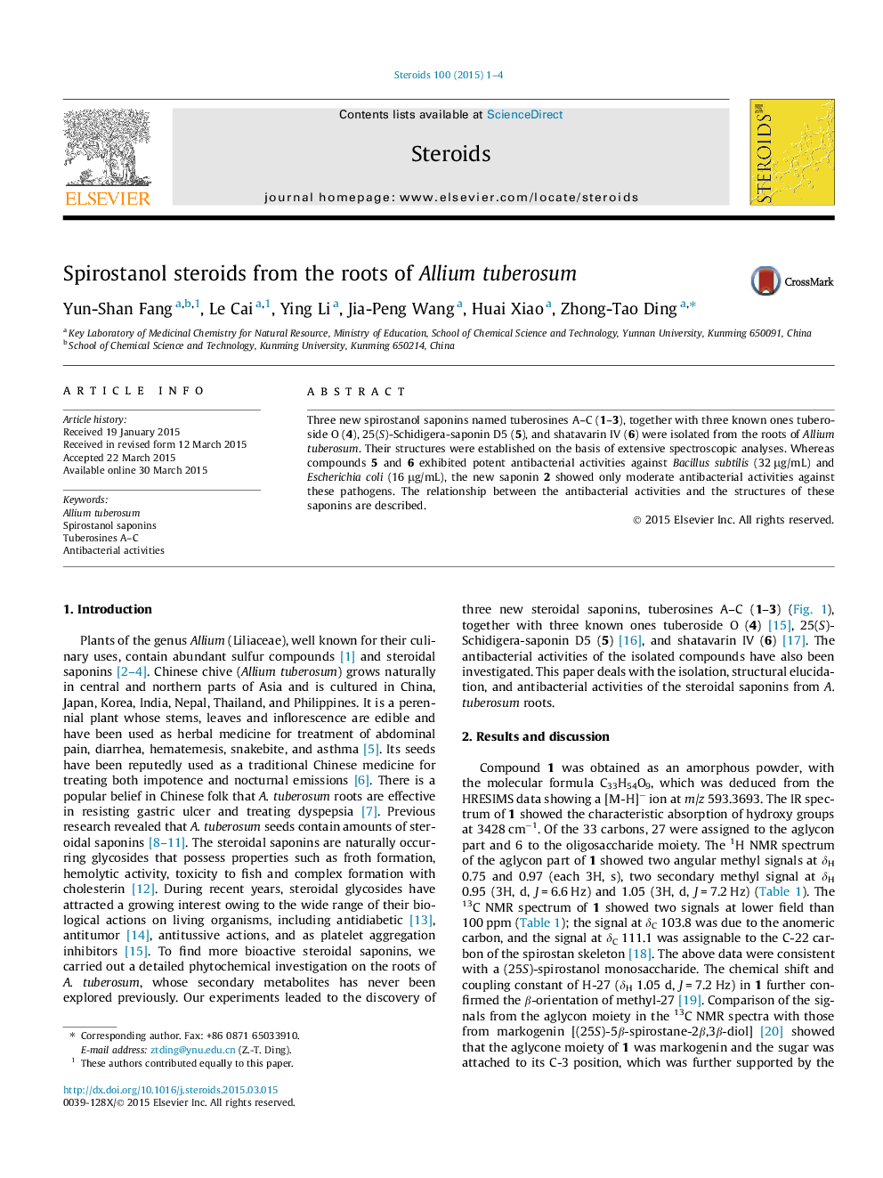 Spirostanol steroids from the roots of Allium tuberosum