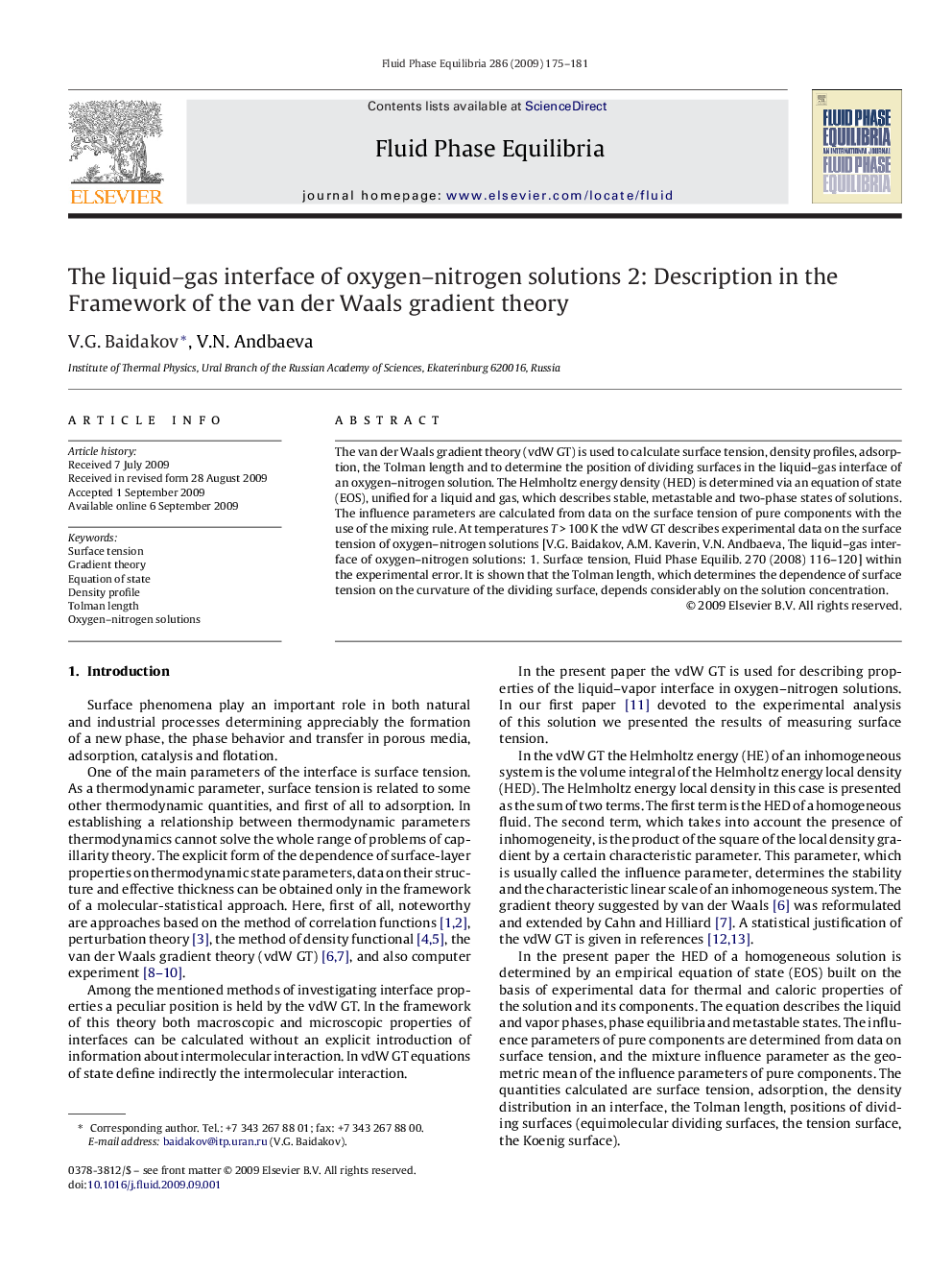 The liquid–gas interface of oxygen–nitrogen solutions 2: Description in the Framework of the van der Waals gradient theory