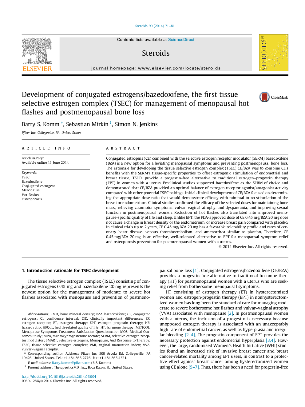 Development of conjugated estrogens/bazedoxifene, the first tissue selective estrogen complex (TSEC) for management of menopausal hot flashes and postmenopausal bone loss