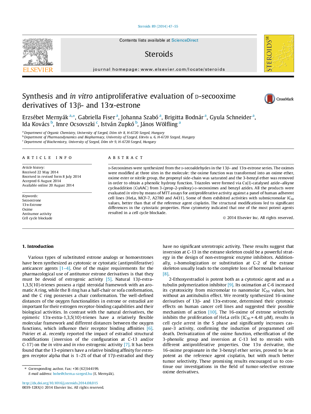 Synthesis and in vitro antiproliferative evaluation of d-secooxime derivatives of 13β- and 13α-estrone