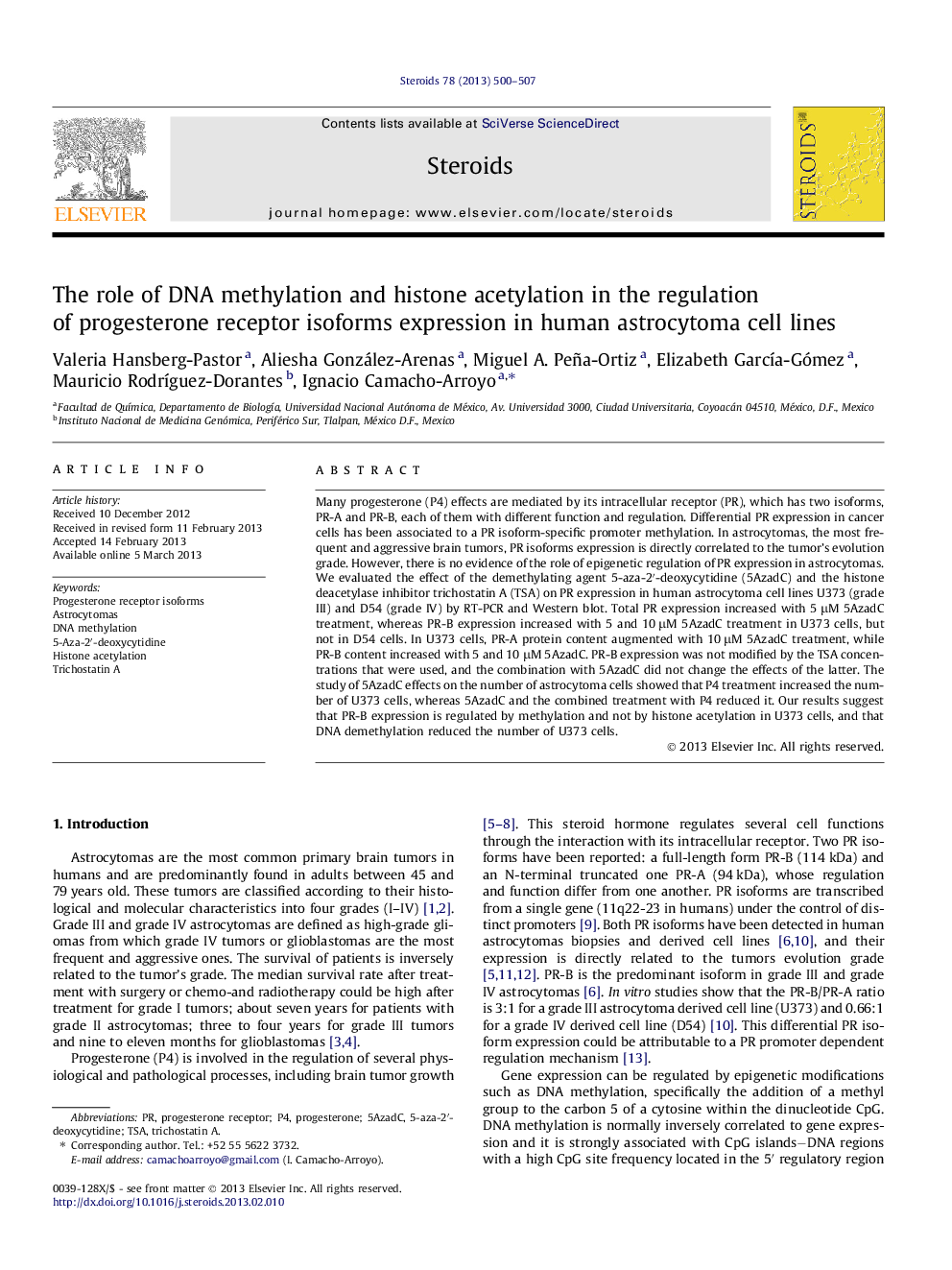 The role of DNA methylation and histone acetylation in the regulation of progesterone receptor isoforms expression in human astrocytoma cell lines