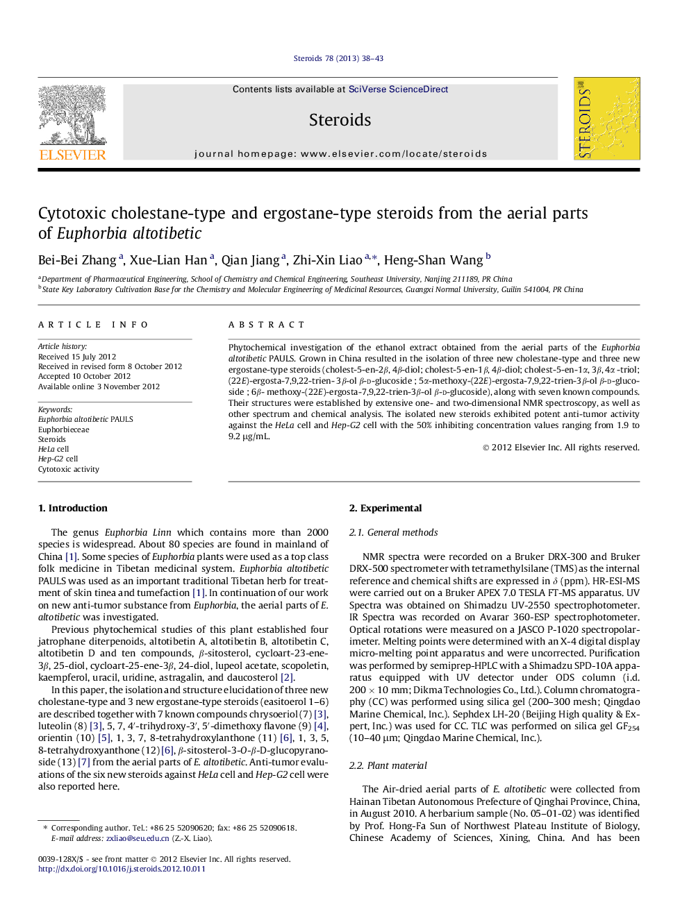 Cytotoxic cholestane-type and ergostane-type steroids from the aerial parts of Euphorbia altotibetic